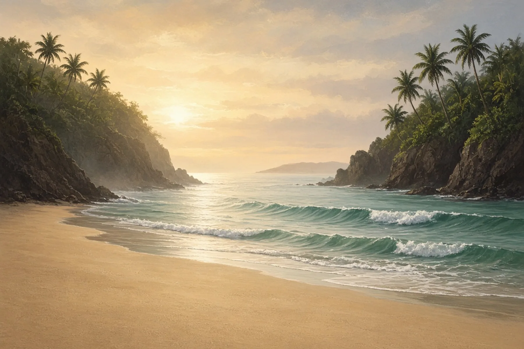 Empty golden beach and green waves breaking in a cove between wooded rocky headlands at sunrise