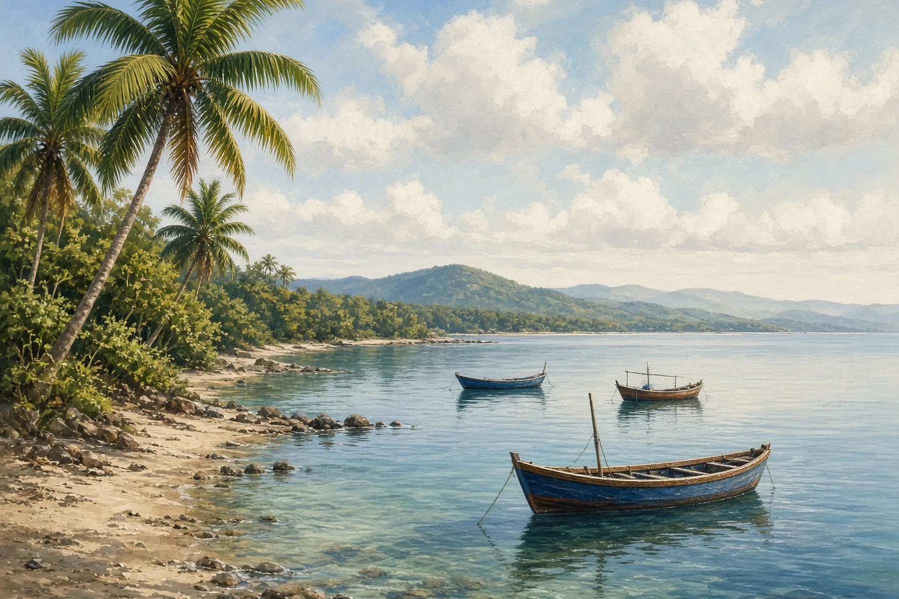 Three wooden fishing boats on calm blue water off a rocky palm-fringed shore with hills and clouds beyond