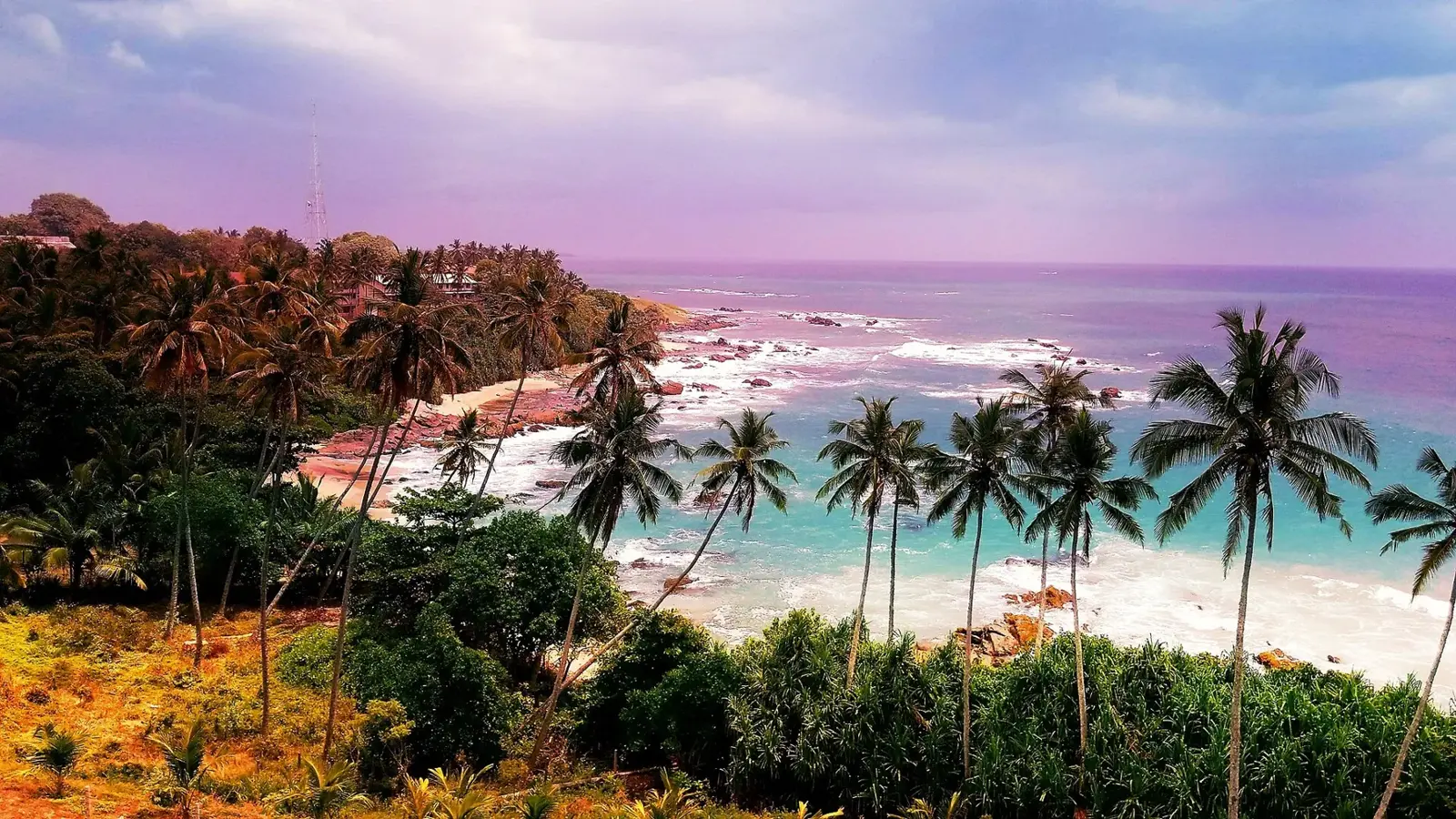 A view from a wooded hillside over palm trees to a turquoise bay and white surf near Tangalle.