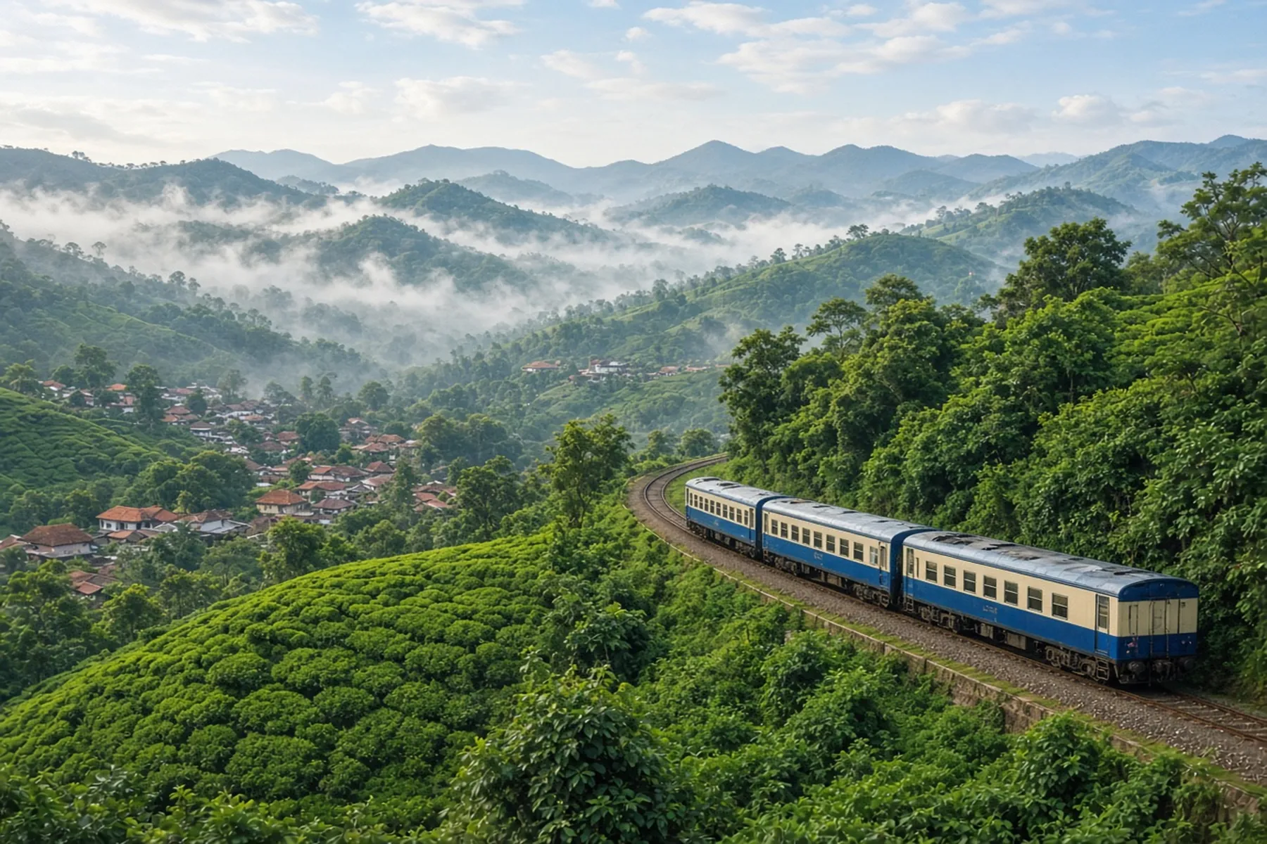 A blue and cream hill-country train curving through tea plantations, with misty mountains and a village of terracotta roofs below.