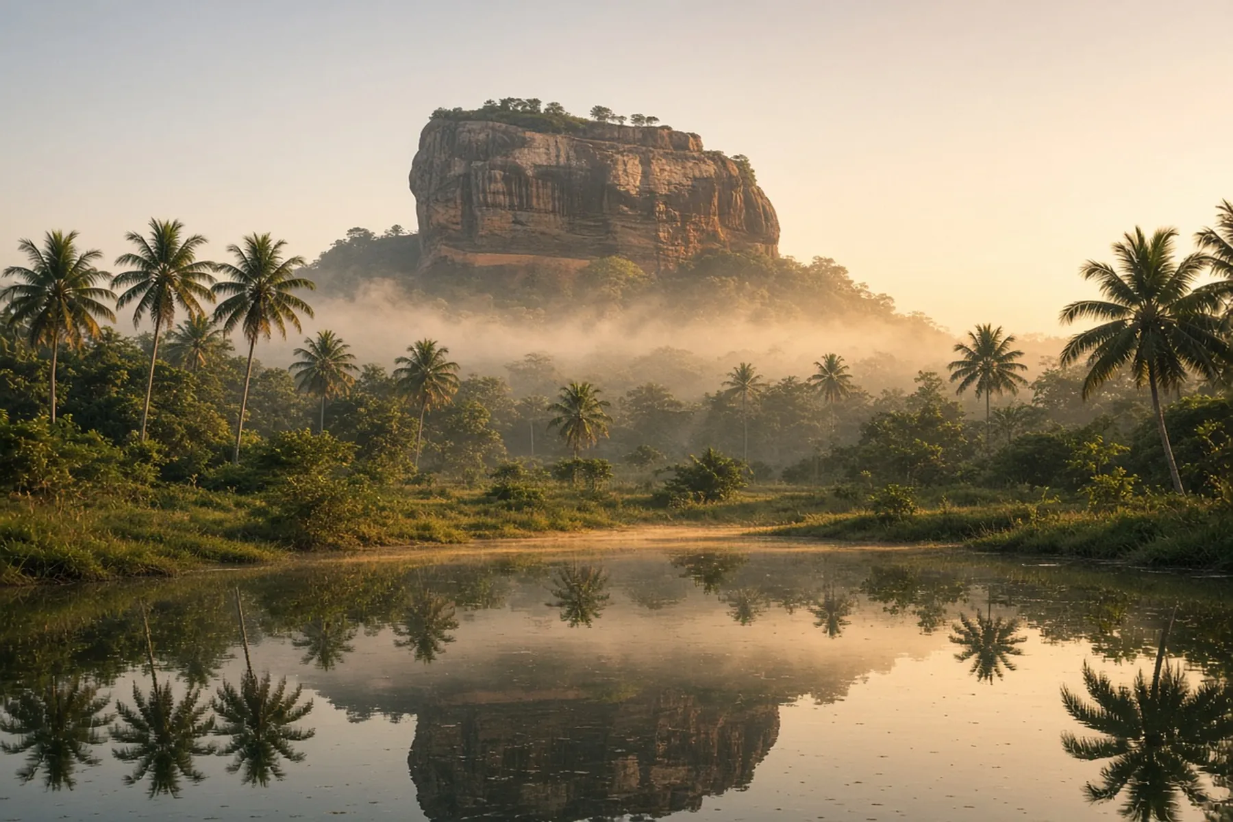Sigiriya rock fortress at golden hour, reflected in a calm lake with mist and palm trees.