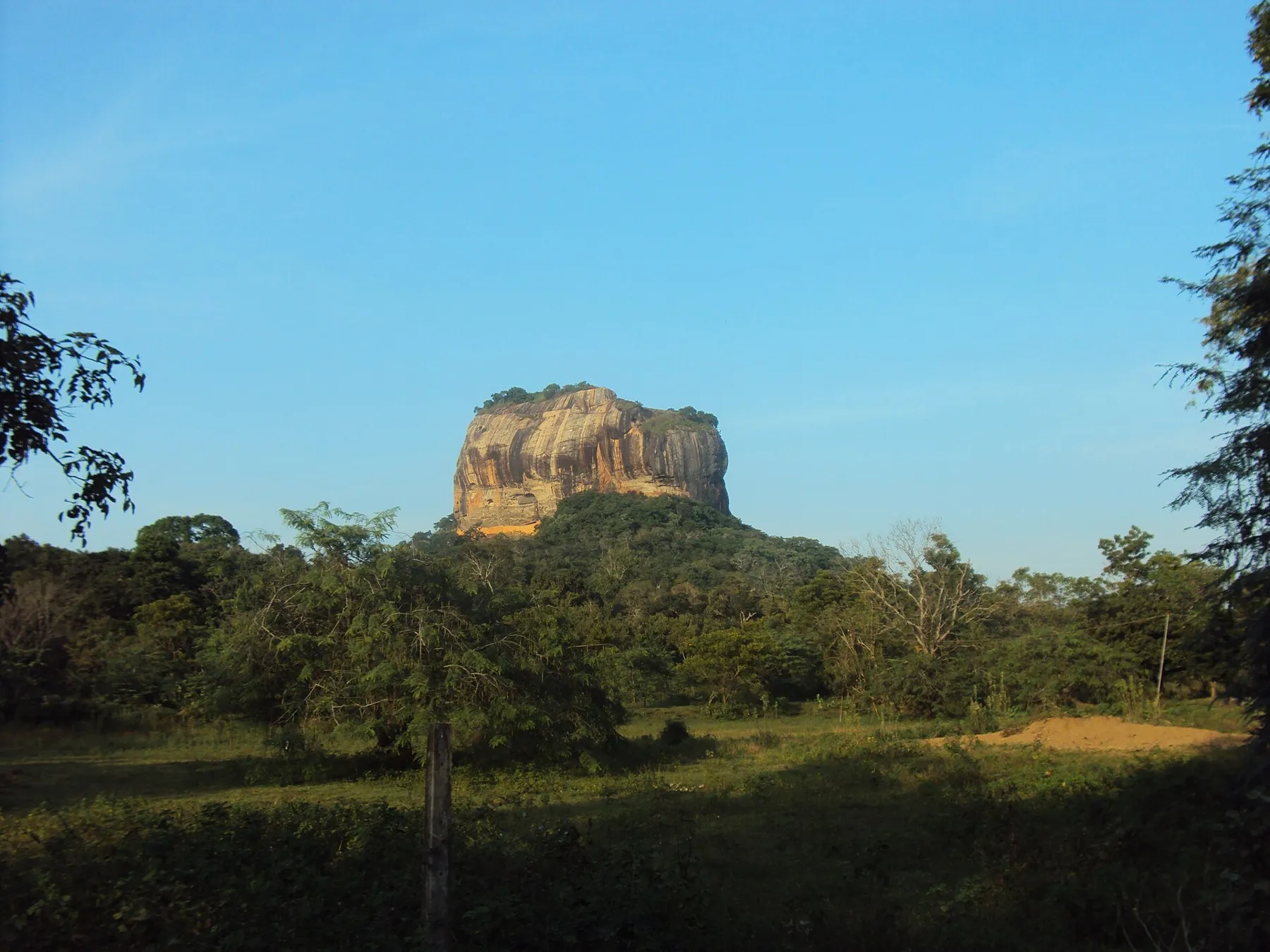 The flat-topped Sigiriya rock rising above green forest, seen from a distance.