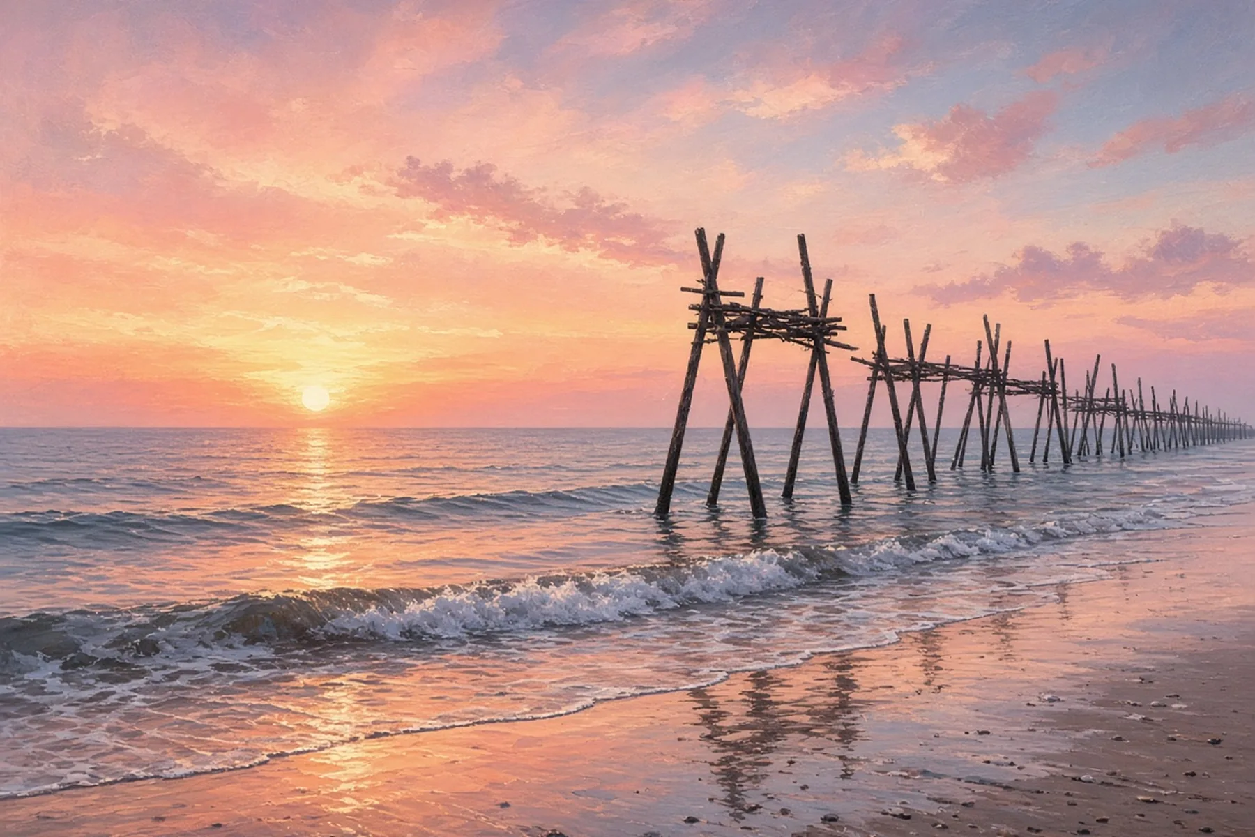 Row of wooden fishing stilts in shallow surf at sunset with pink clouds over the sea