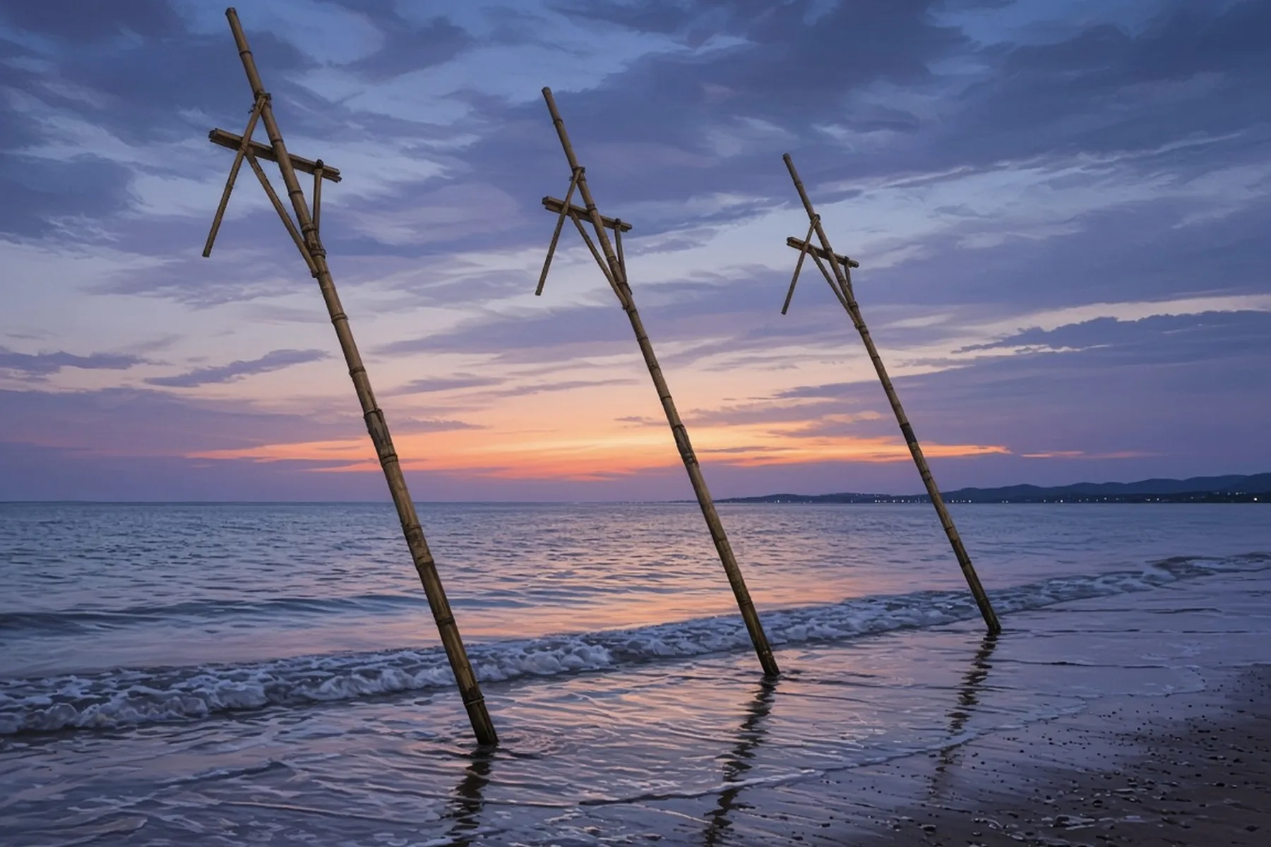 Three leaning wooden stilt-fishing poles standing empty in shallow surf at blue hour, with a thin orange glow on the horizon.