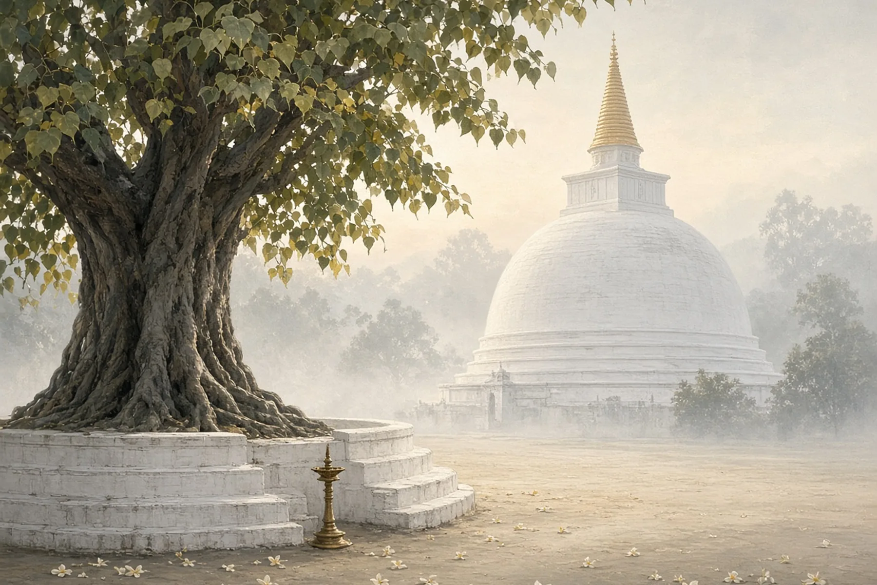 White domed stupa with a gold spire in morning mist behind an ancient sacred fig tree on a whitewashed stepped terrace.