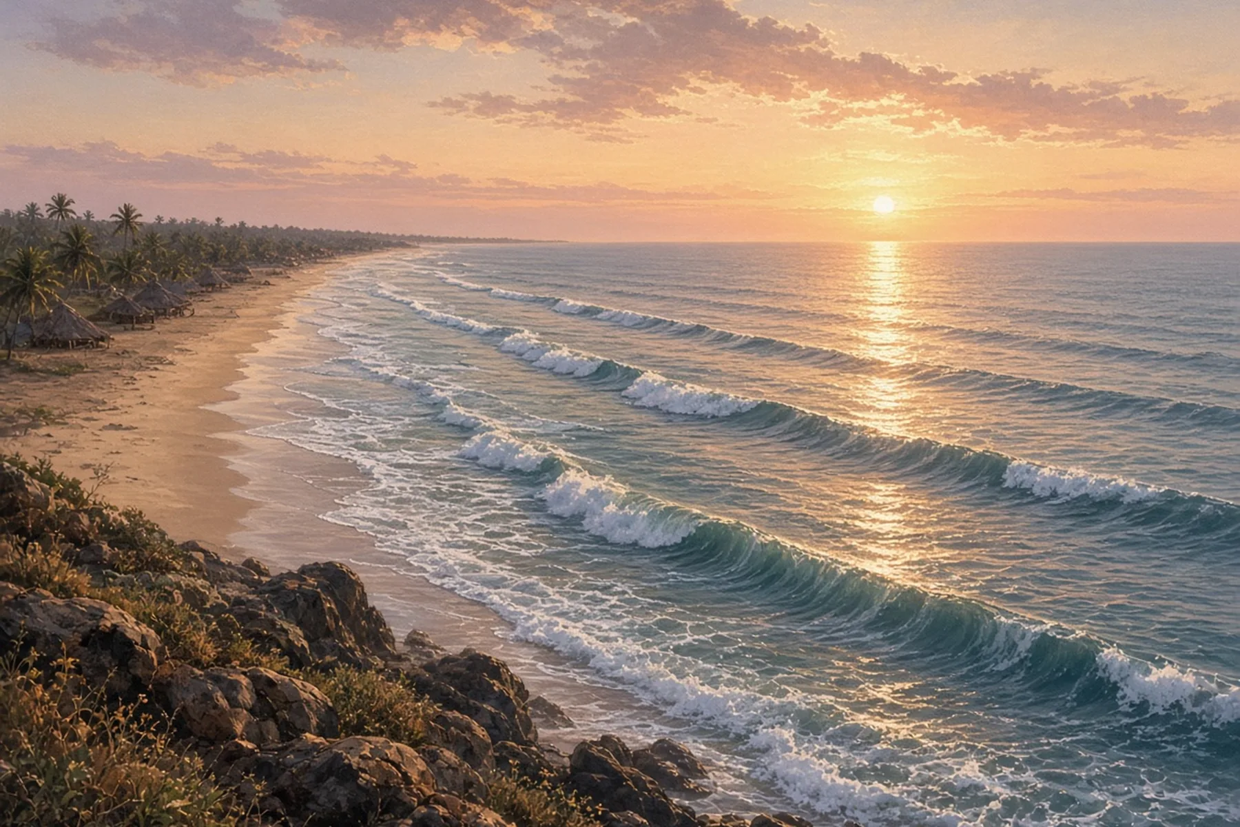 Lines of clean waves peeling along a curved sandy bay at sunrise, seen from a rocky point, with thatched huts and palms far down the beach.