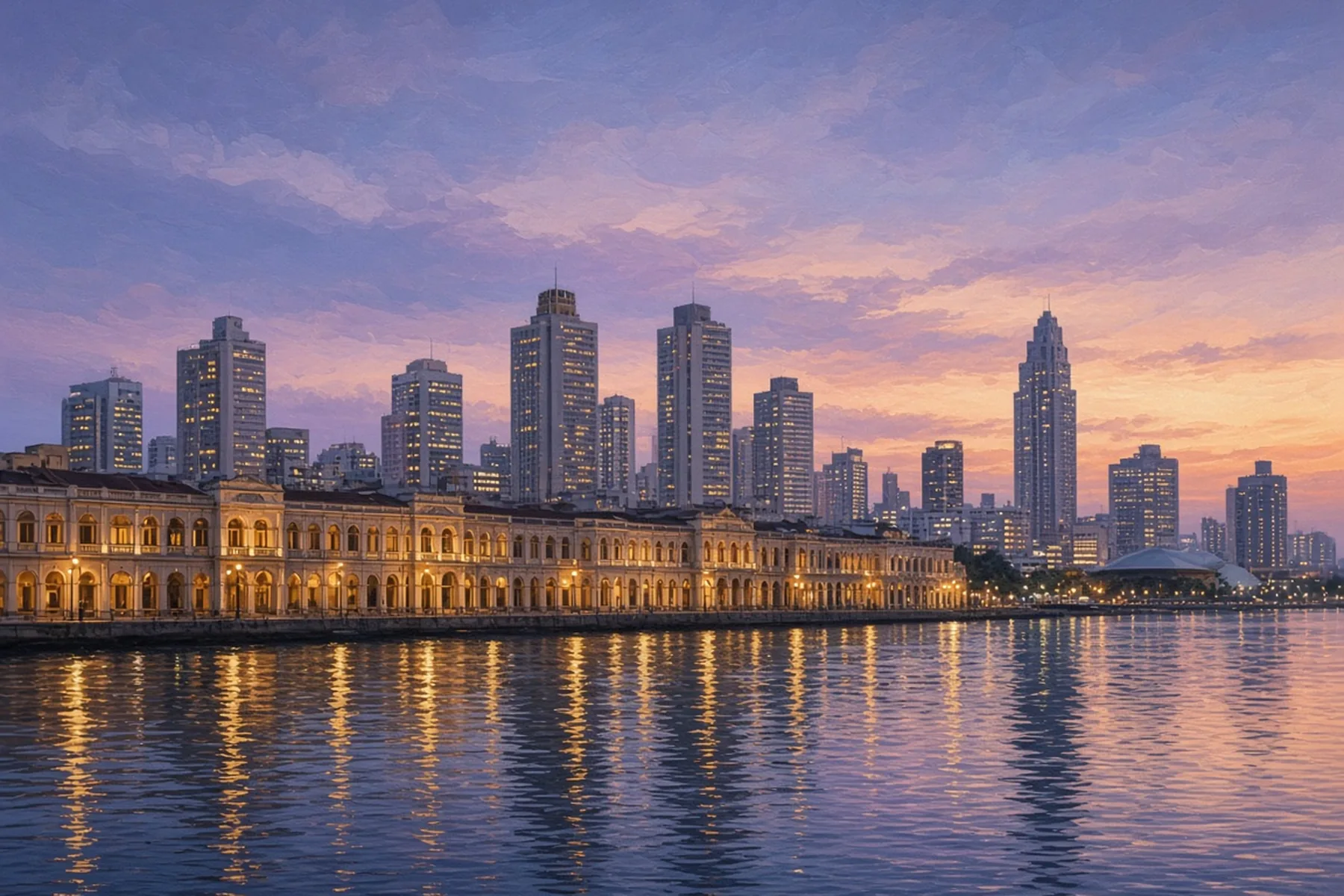 Colombo waterfront at dusk, with a row of arcaded colonial-style buildings in front of modern towers and lights reflecting on calm water.