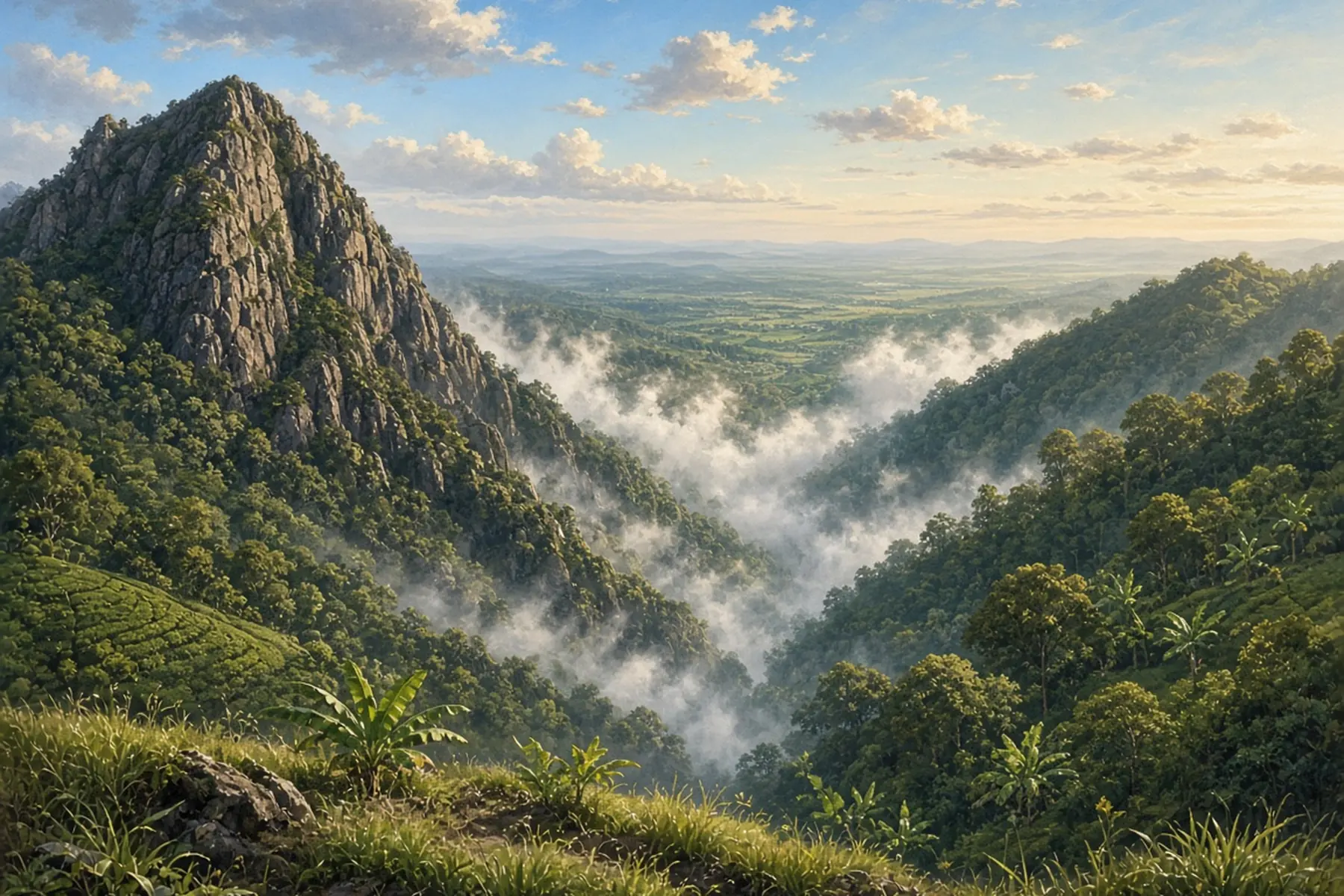 Misty green valley seen through a mountain gap in Sri Lanka's hill country, with a steep rocky peak on the left and plains stretching far below.