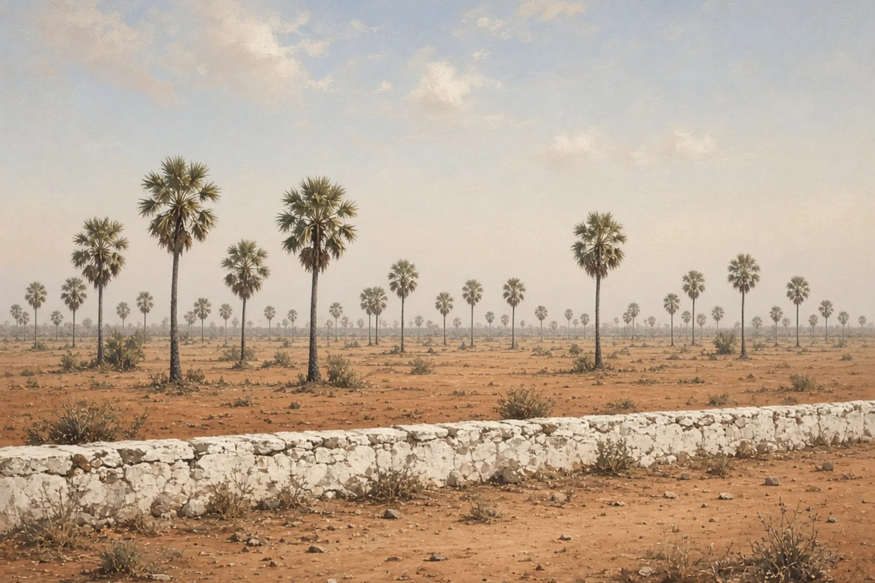 Tall palmyra palms scattered across a flat red-earth plain behind a low whitewashed stone wall under a pale hazy sky.