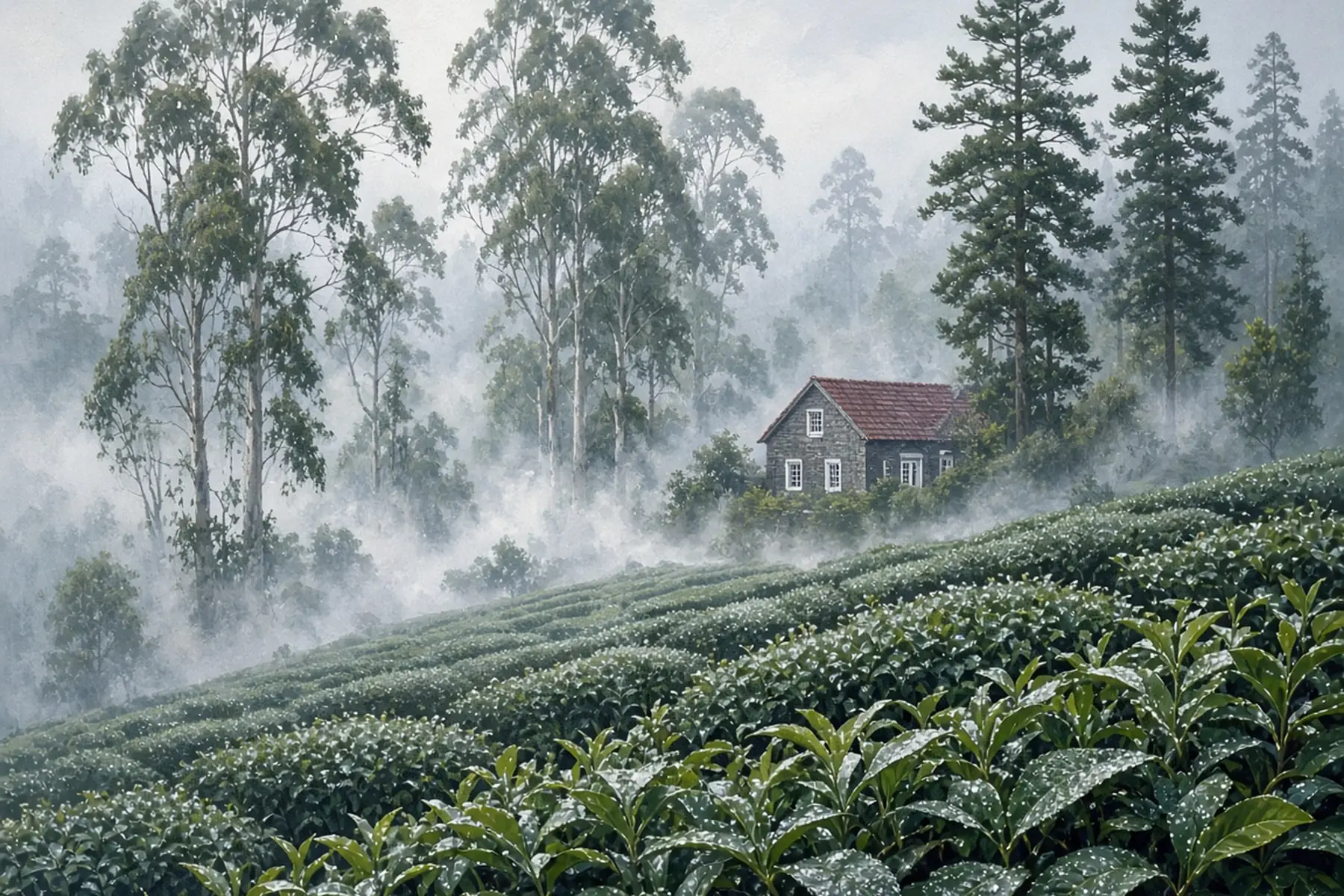 Dew-covered tea bushes in a foggy highland estate, with tall eucalyptus and pine trees and a small red-roofed stone cottage in the mist.