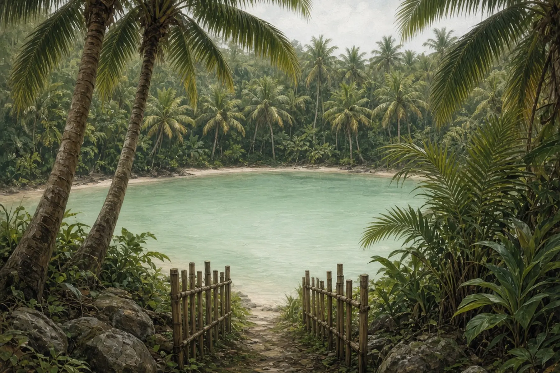 A narrow path between bamboo fence posts and coconut palms leading to a still, milky-turquoise cove.