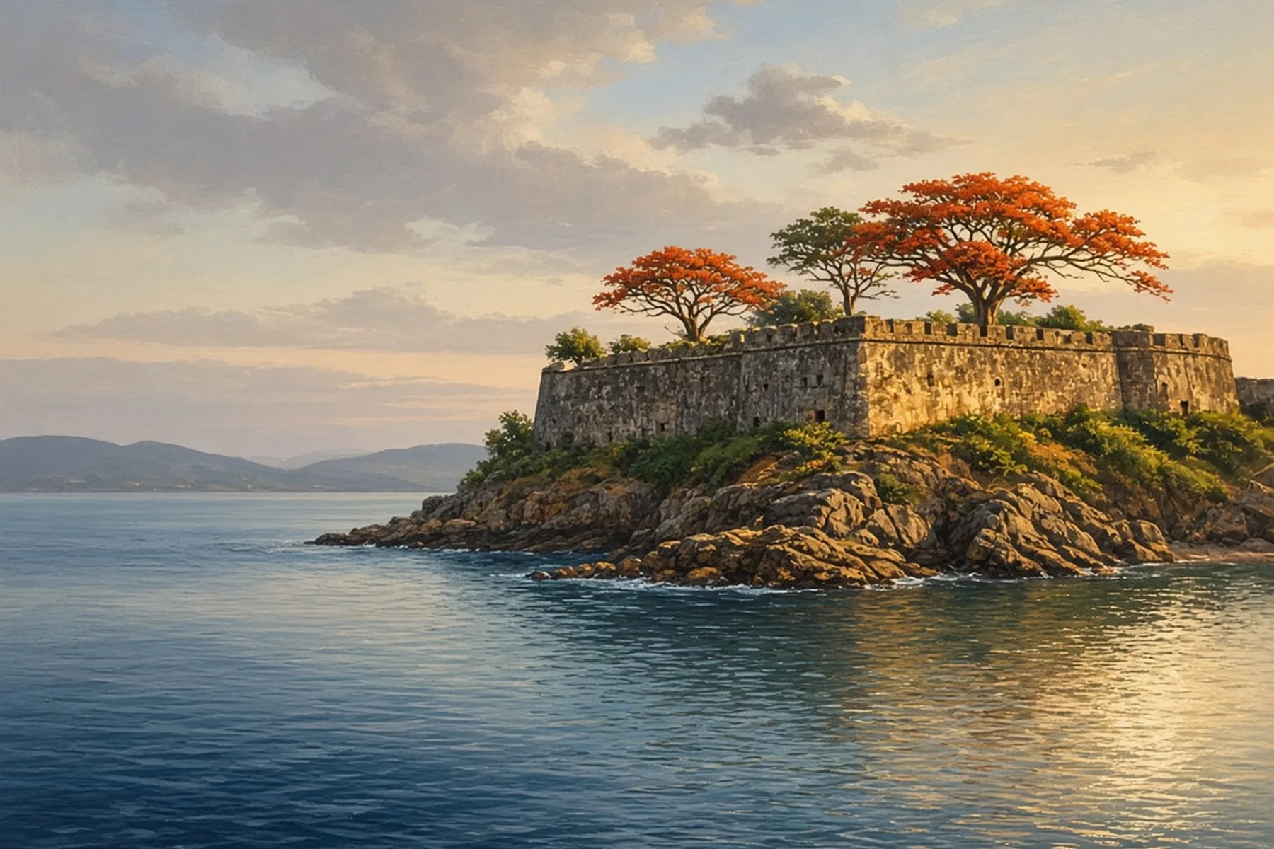 Weathered stone fort ramparts on a rocky headland with orange flame trees beside calm deep-blue bay water at golden hour.