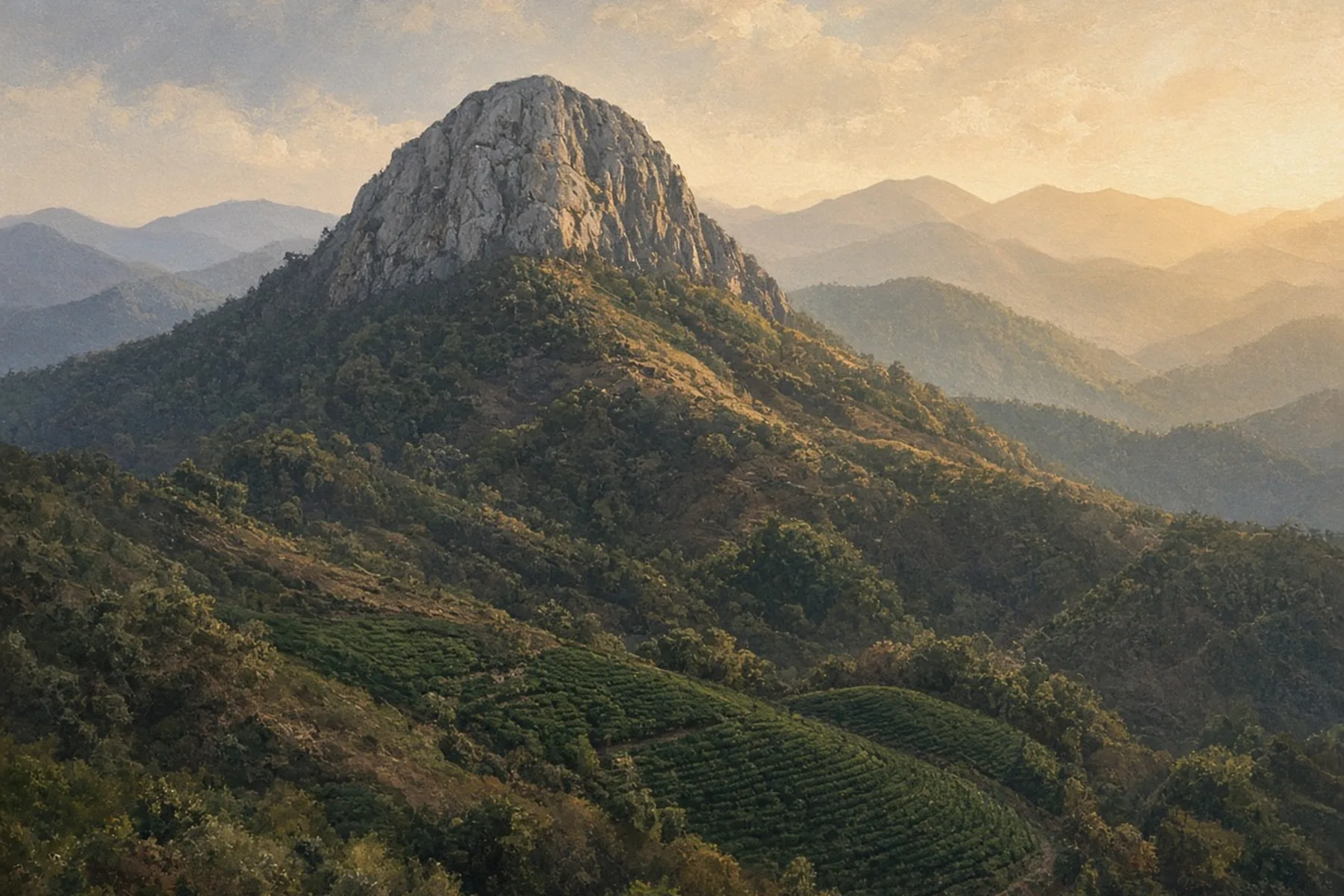 Rocky grey ridge summit above forested slopes with layered blue hills fading into warm afternoon haze.