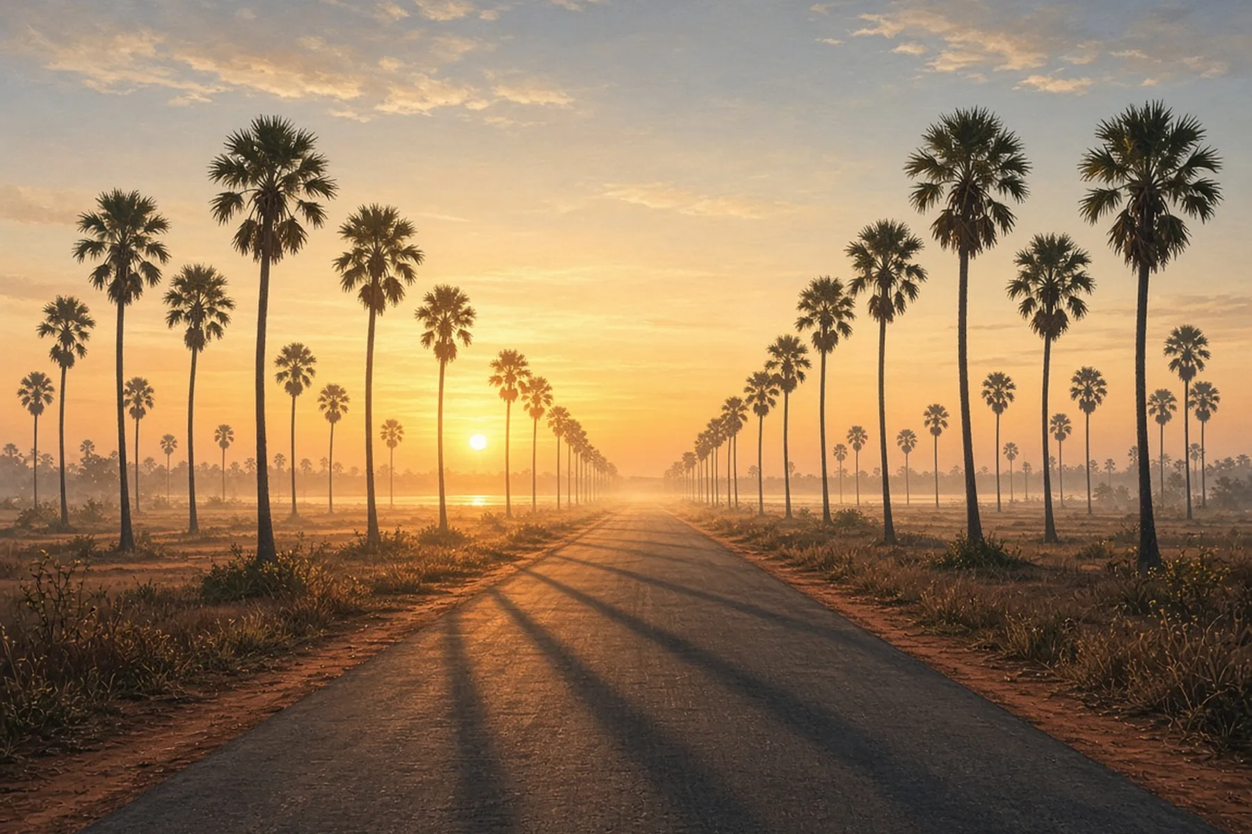 Long empty road running straight between rows of tall palmyra palms toward a low rising sun on the flat northern plain.