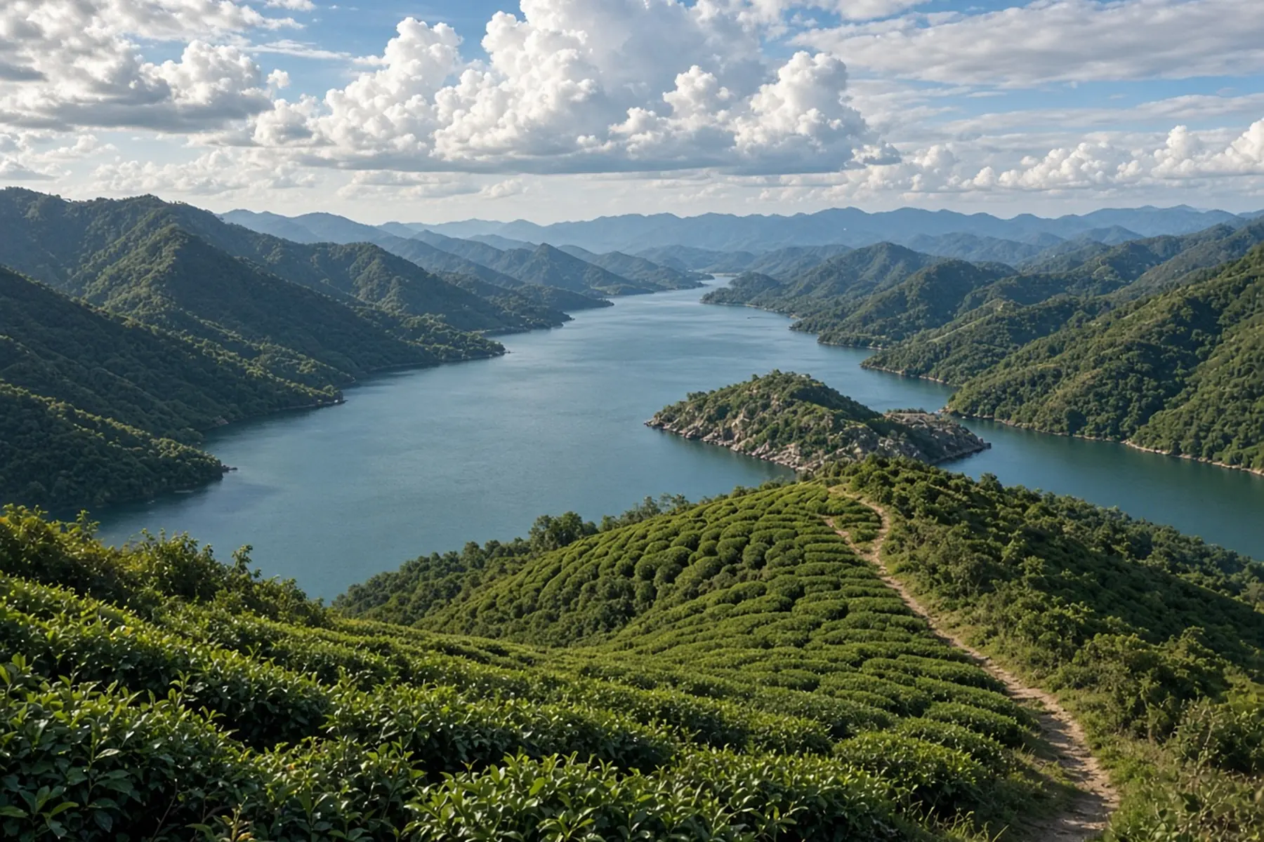 Wide blue-green reservoir winding between forested hills, seen over tea bushes and a footpath under towering clouds.