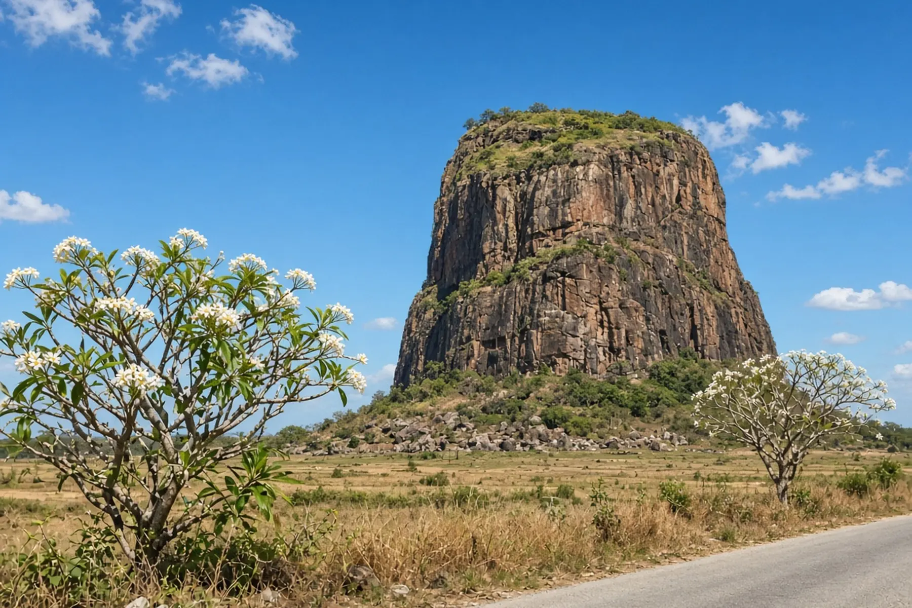 Towering flat-topped rock monolith with sheer cliffs rising from a dry plain, with frangipani trees and a quiet road edge under a bright blue sky.