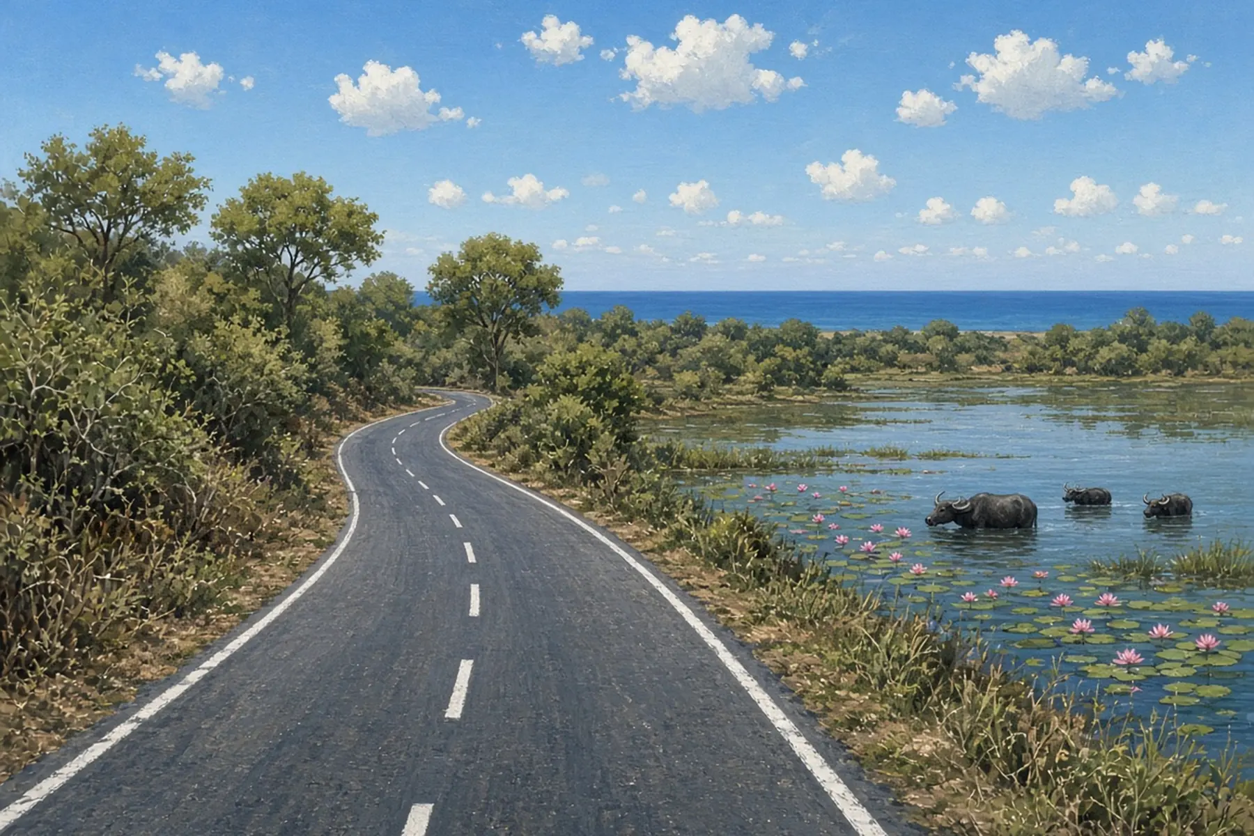 Painting of a road with a white centre line through dry scrub past a lily pond with buffalo, the sea on the horizon.