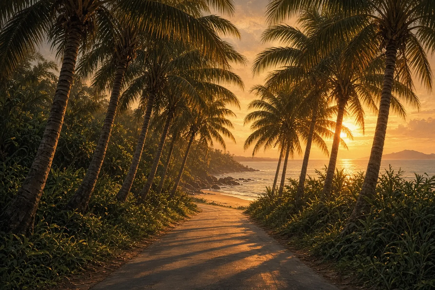Empty road lined with leaning coconut palms leading toward the sea at sunset
