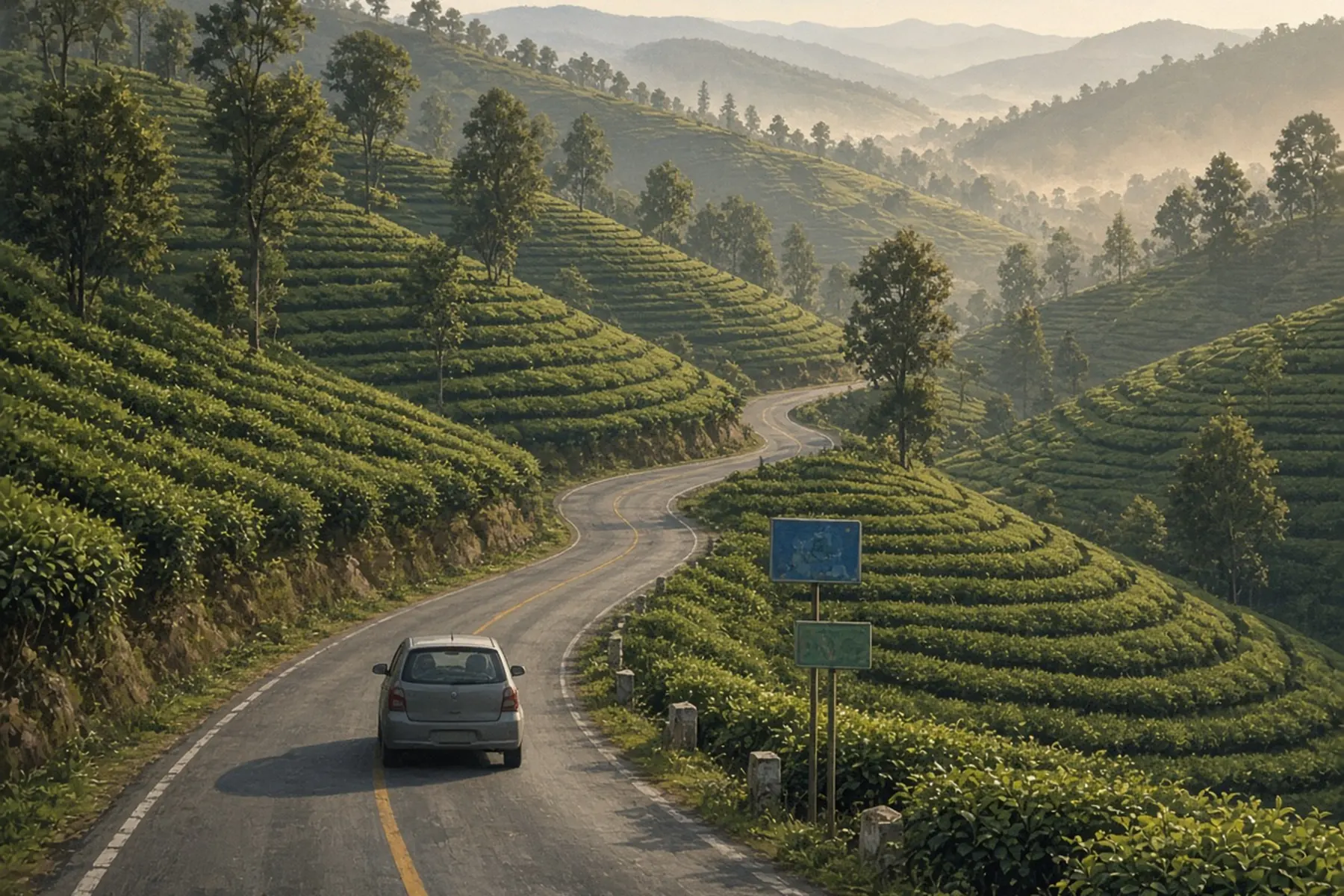 Small hatchback seen from behind on a winding road through hill-country tea terraces.