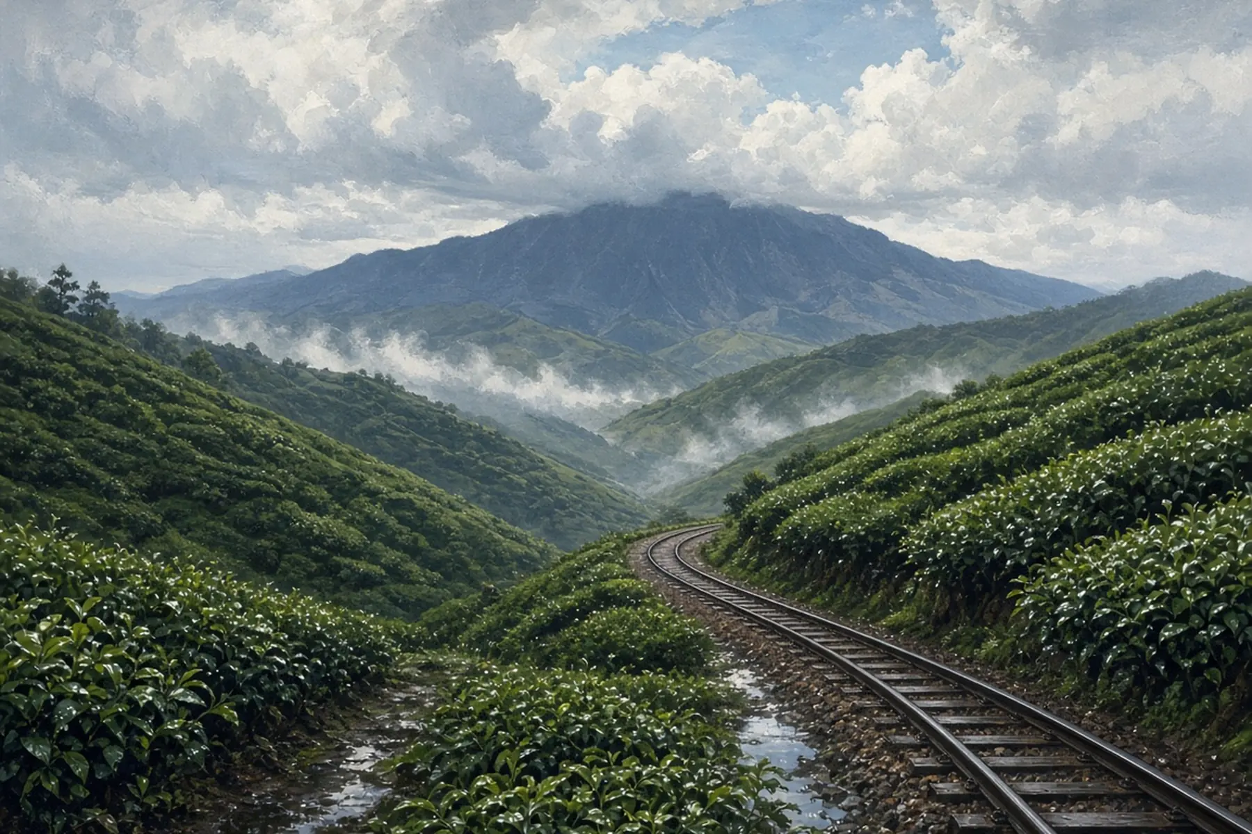 Painting of a railway track curving between rain-washed tea slopes toward a mountain under lifting clouds.