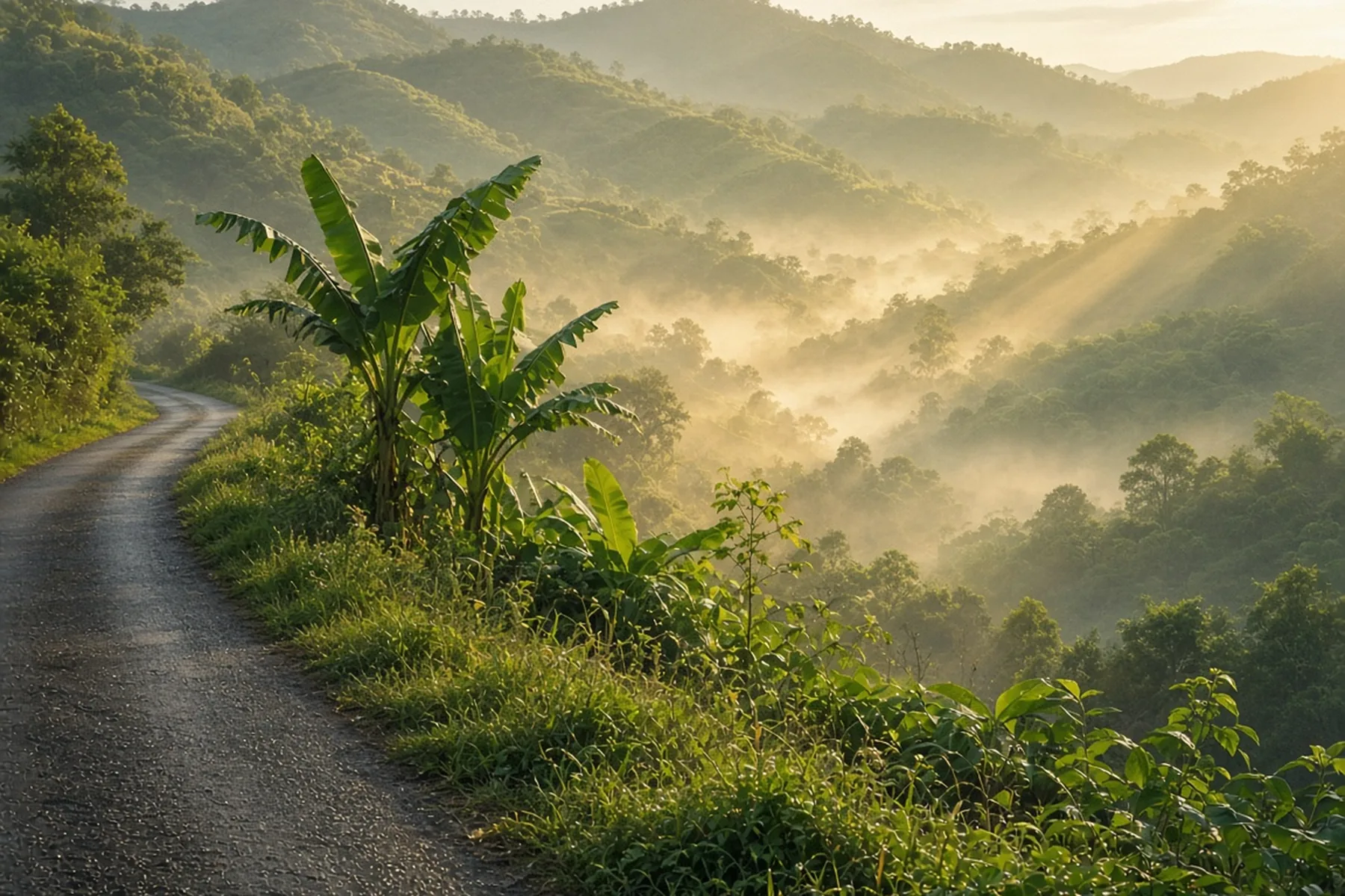 Empty dew-damp country lane curving above a misty sunlit green valley, with banana plants in the foreground.