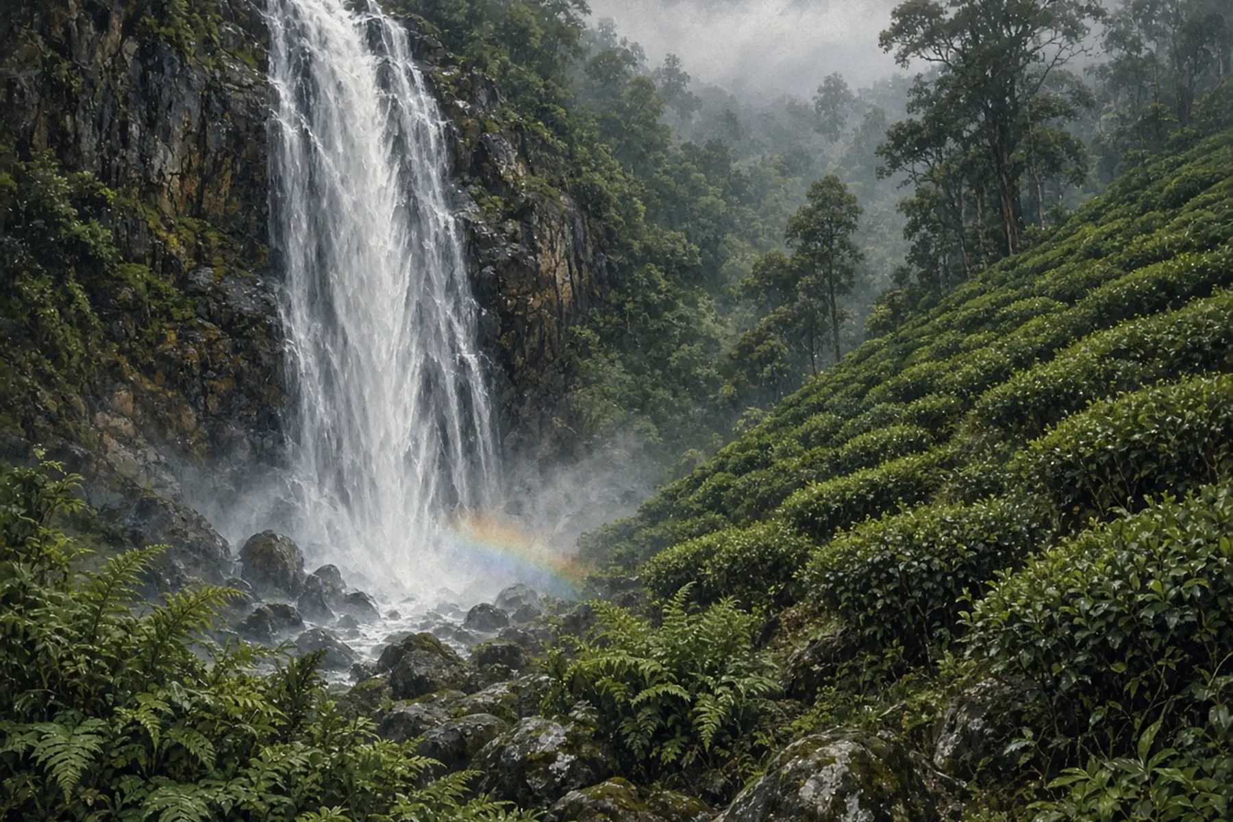 Tall waterfall dropping down a dark cliff beside steep tea slopes, with ferns and wet boulders in the foreground.