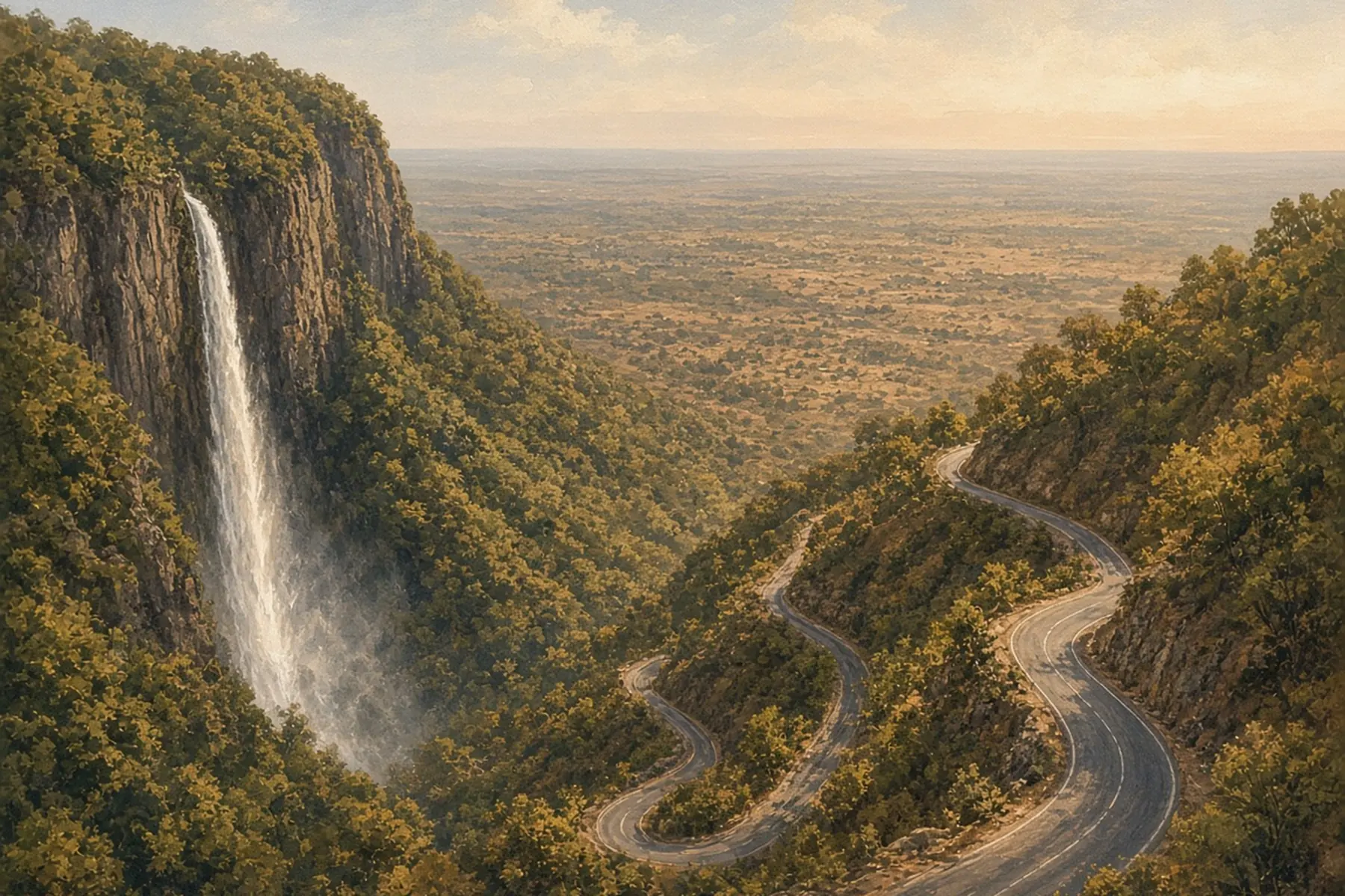 Painting of a road winding down a forested escarpment beside a tall waterfall toward flat dry lowlands.
