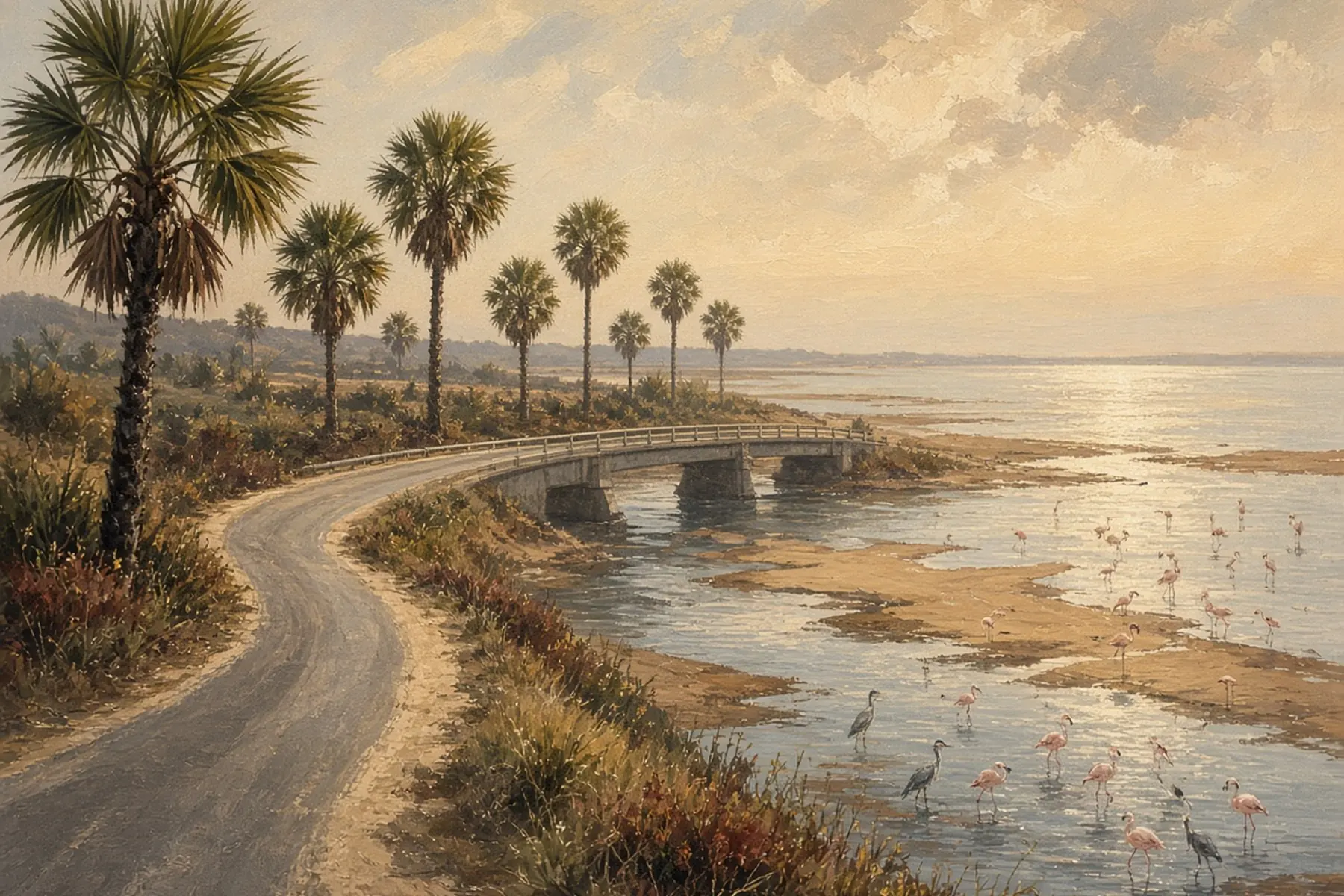 Painting of a road lined with palmyra palms crossing a bridge over a shallow lagoon with flamingos.