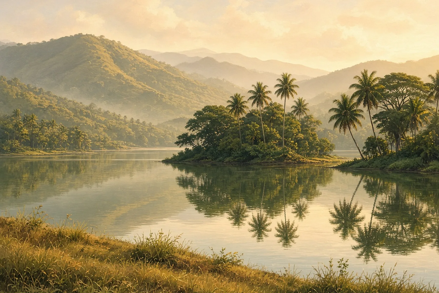 Still hill lake at golden hour with tropical trees and palms reflected in the water and soft hazy hills behind.