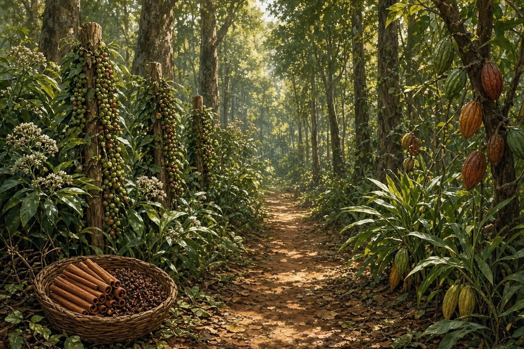 Shaded spice-garden track lined with pepper vines, cocoa pods and a basket of cinnamon sticks and cloves.