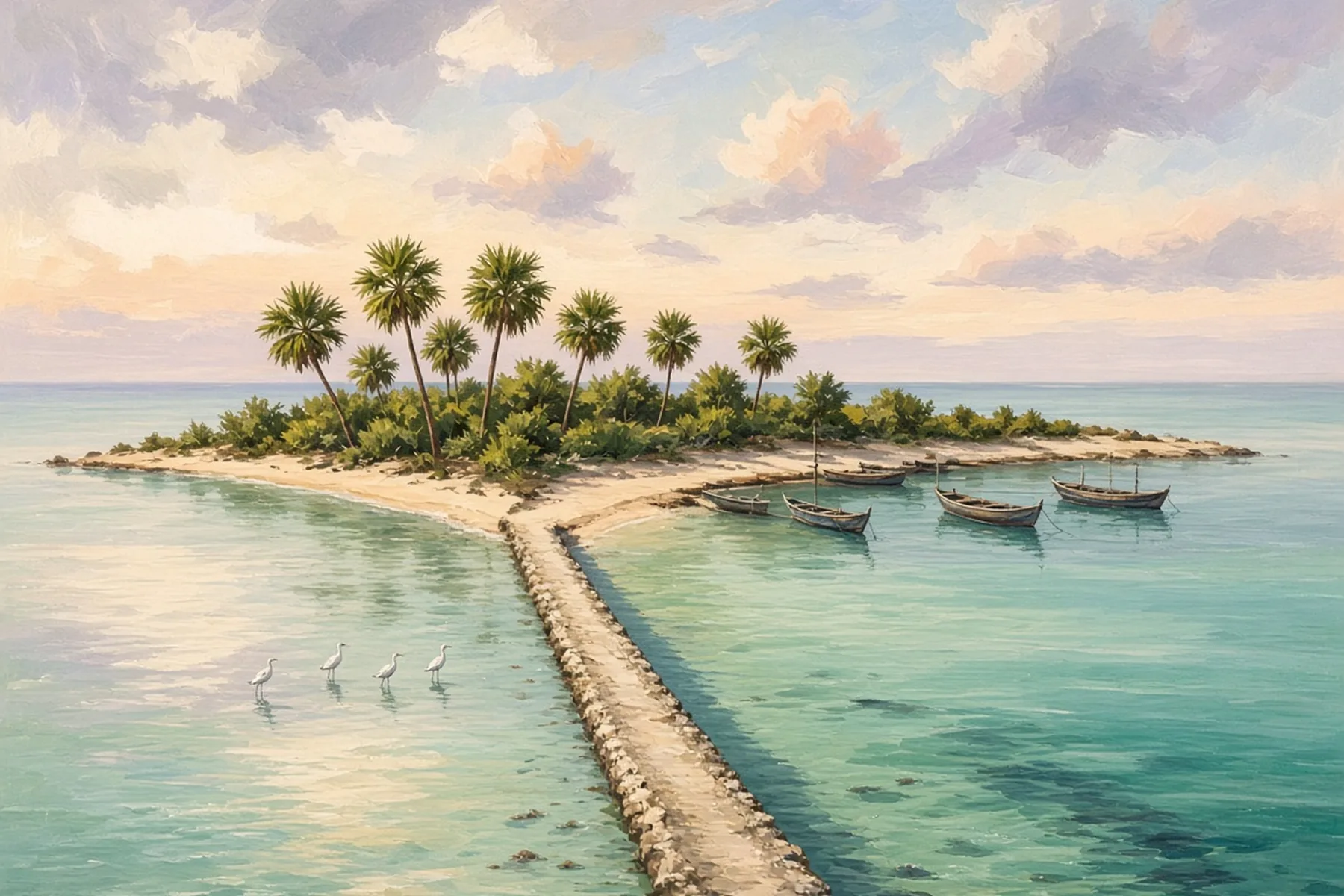 Painting of a stone causeway over shallow turquoise water to a small palm island, with moored boats and wading egrets.