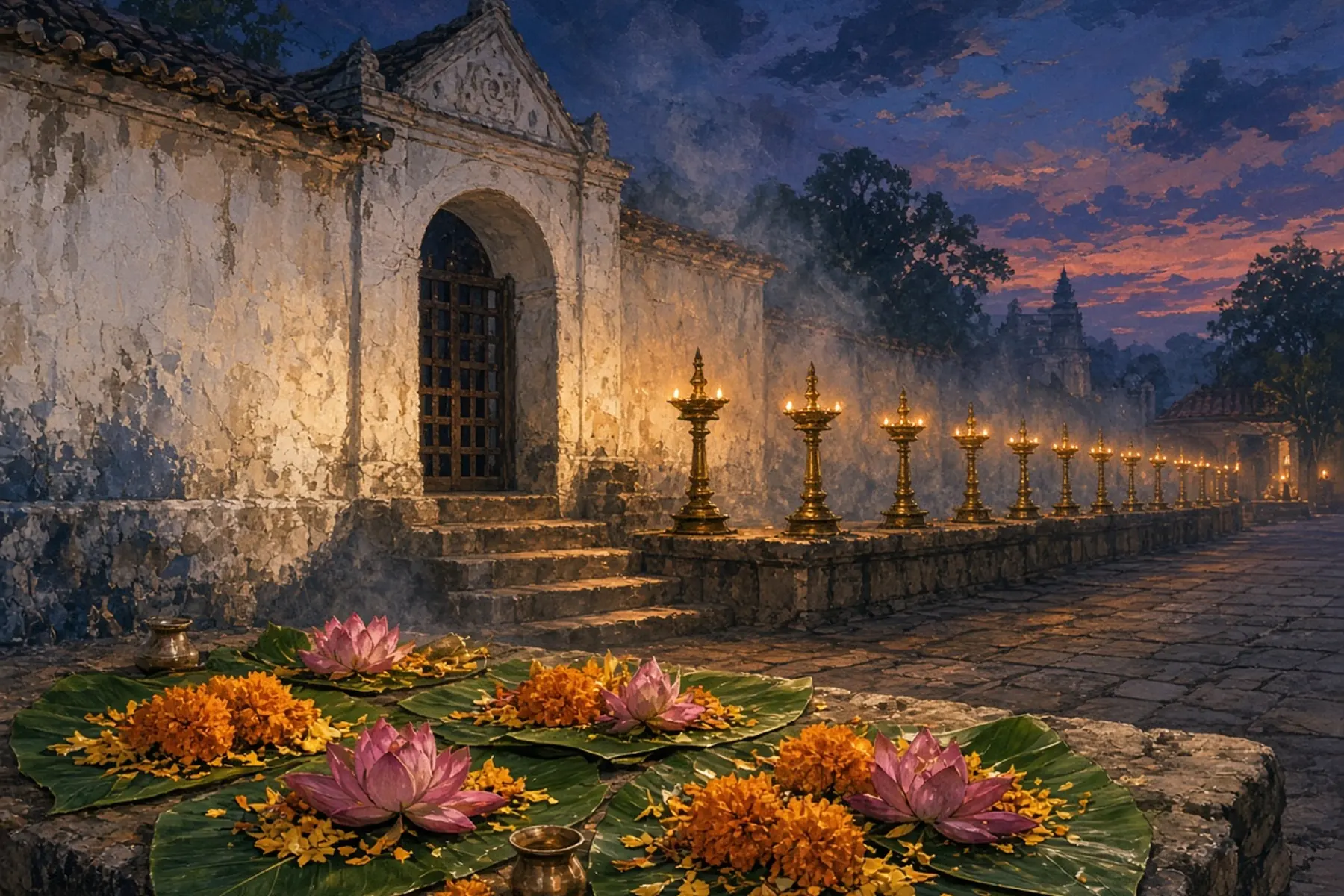Brass oil lamps along a whitewashed temple wall at dusk, with lotus and marigold offerings in the foreground.