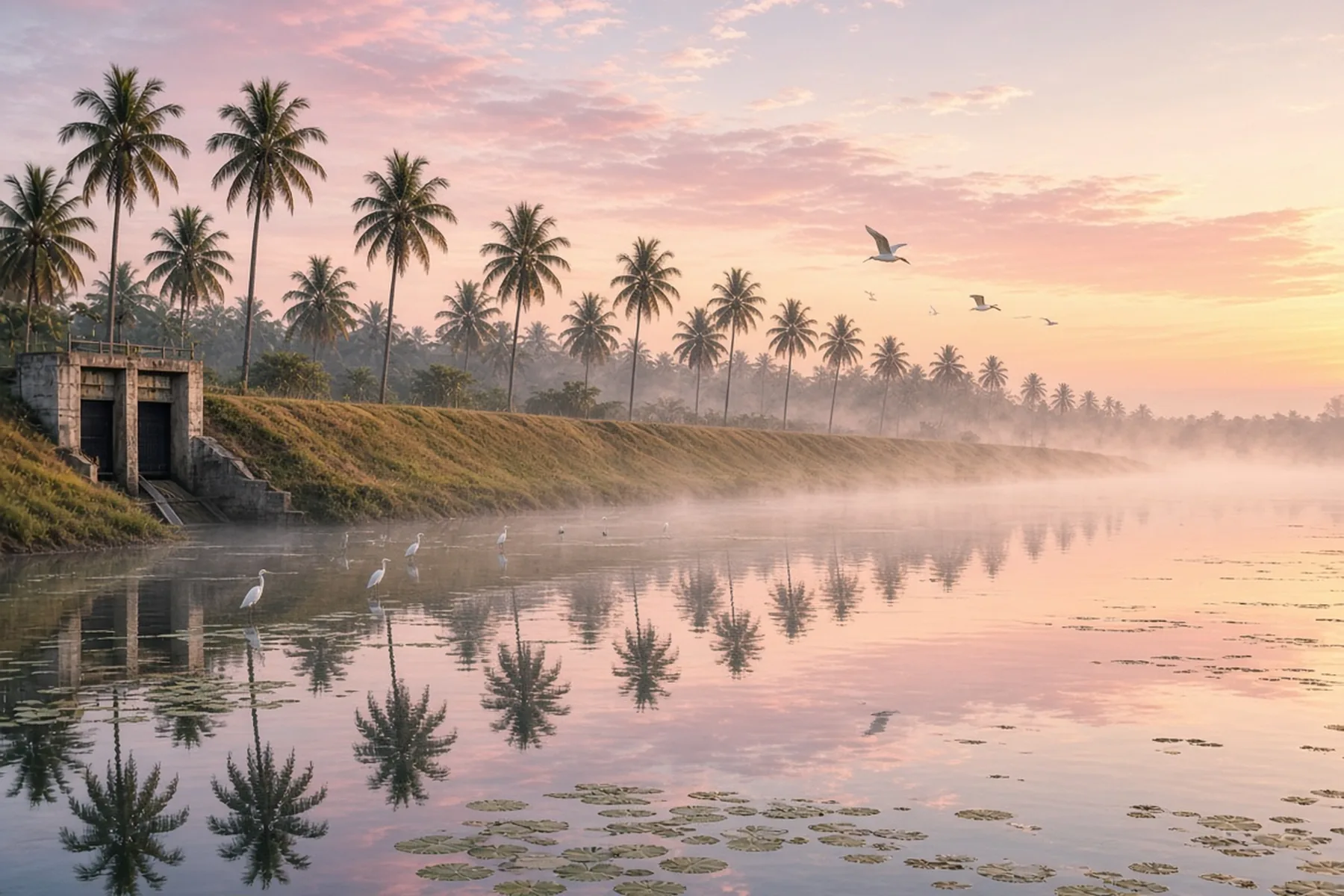 Mirror-calm reservoir at sunrise with a palm-lined grassy bund, a small concrete sluice, egrets in the shallows and pink mist over the water.