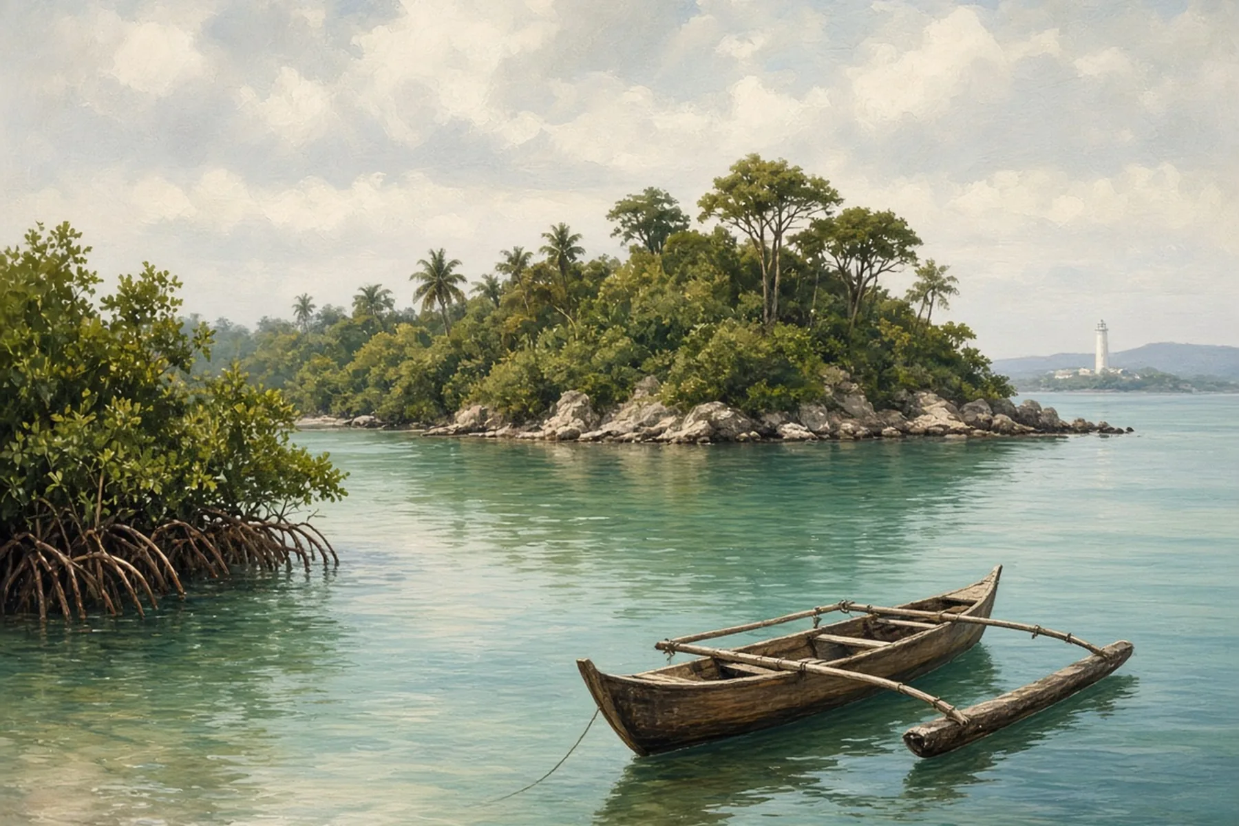 Wooden outrigger canoe on calm green water by a mangrove and a wooded islet with a white lighthouse beyond