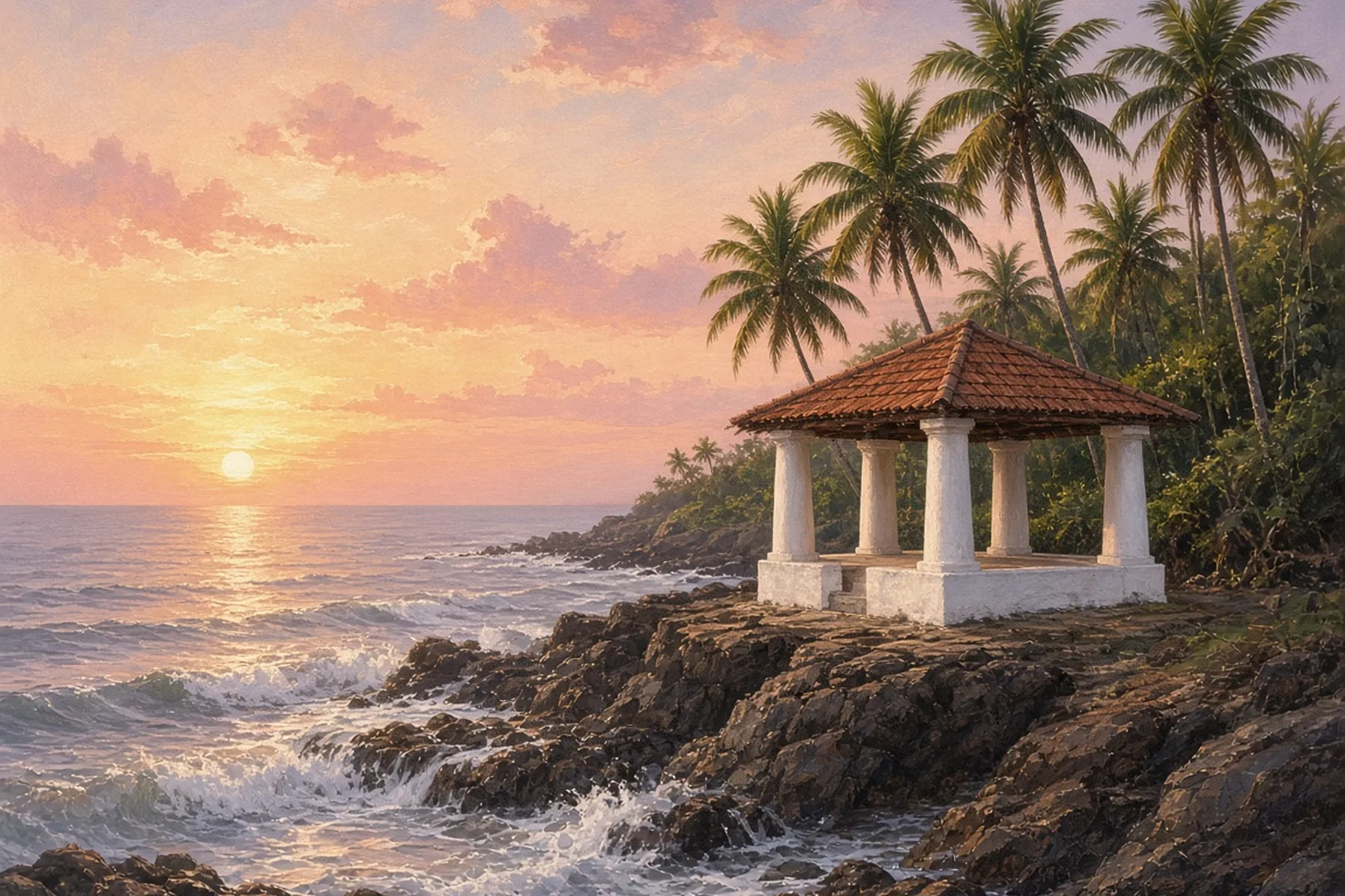 White tiled-roof sea pavilion on dark rocks above breaking waves at sunset with palms behind