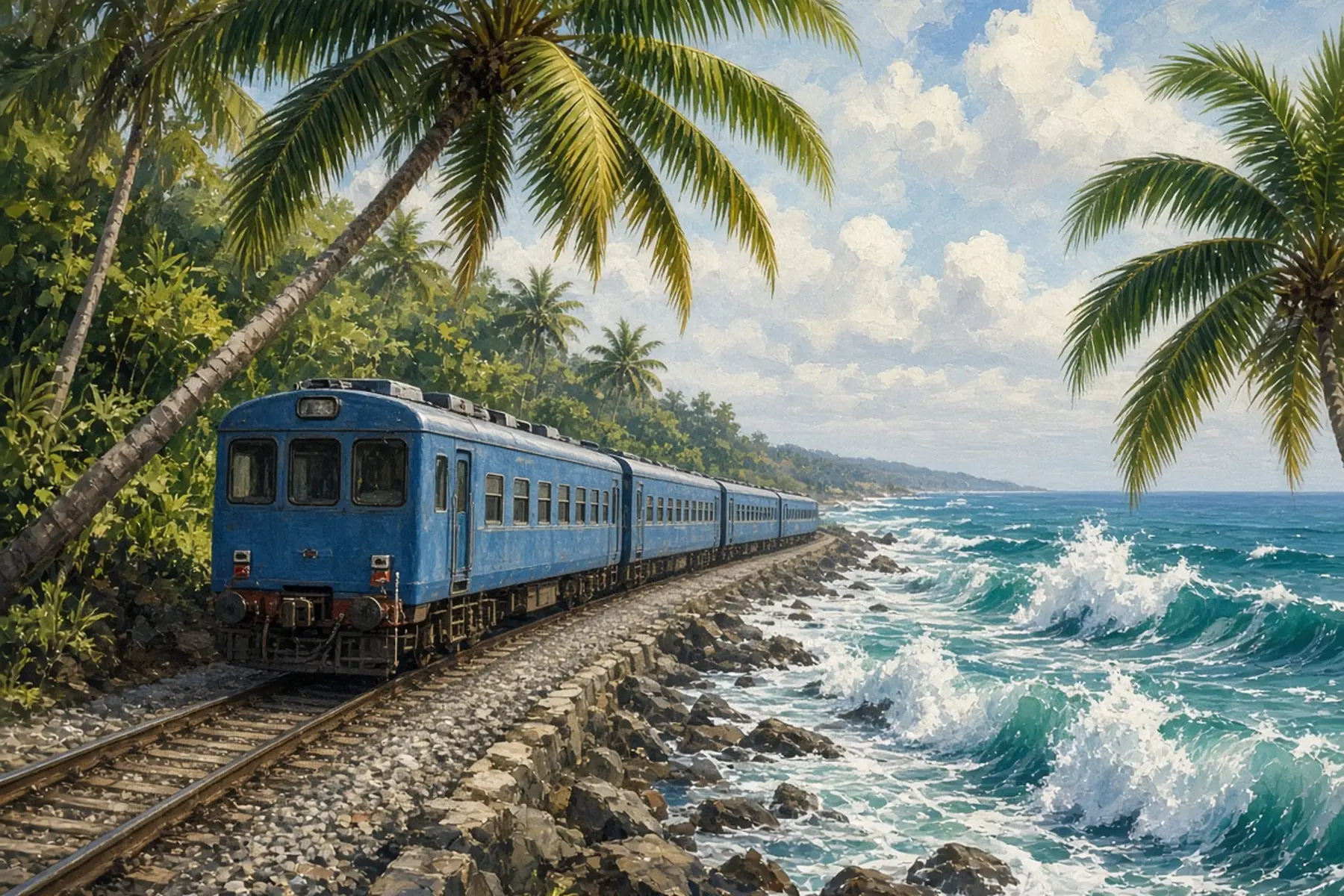 Blue passenger train running along the coast beside palm trees and breaking surf.