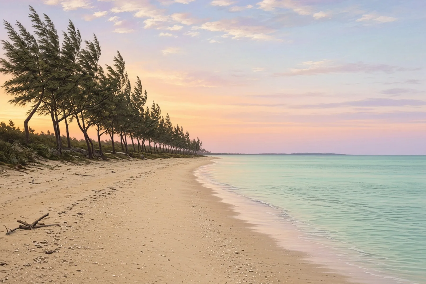 Empty pale-sand beach at sunrise with wind-bent casuarina trees on the left and calm shallow turquoise sea under a pastel sky.