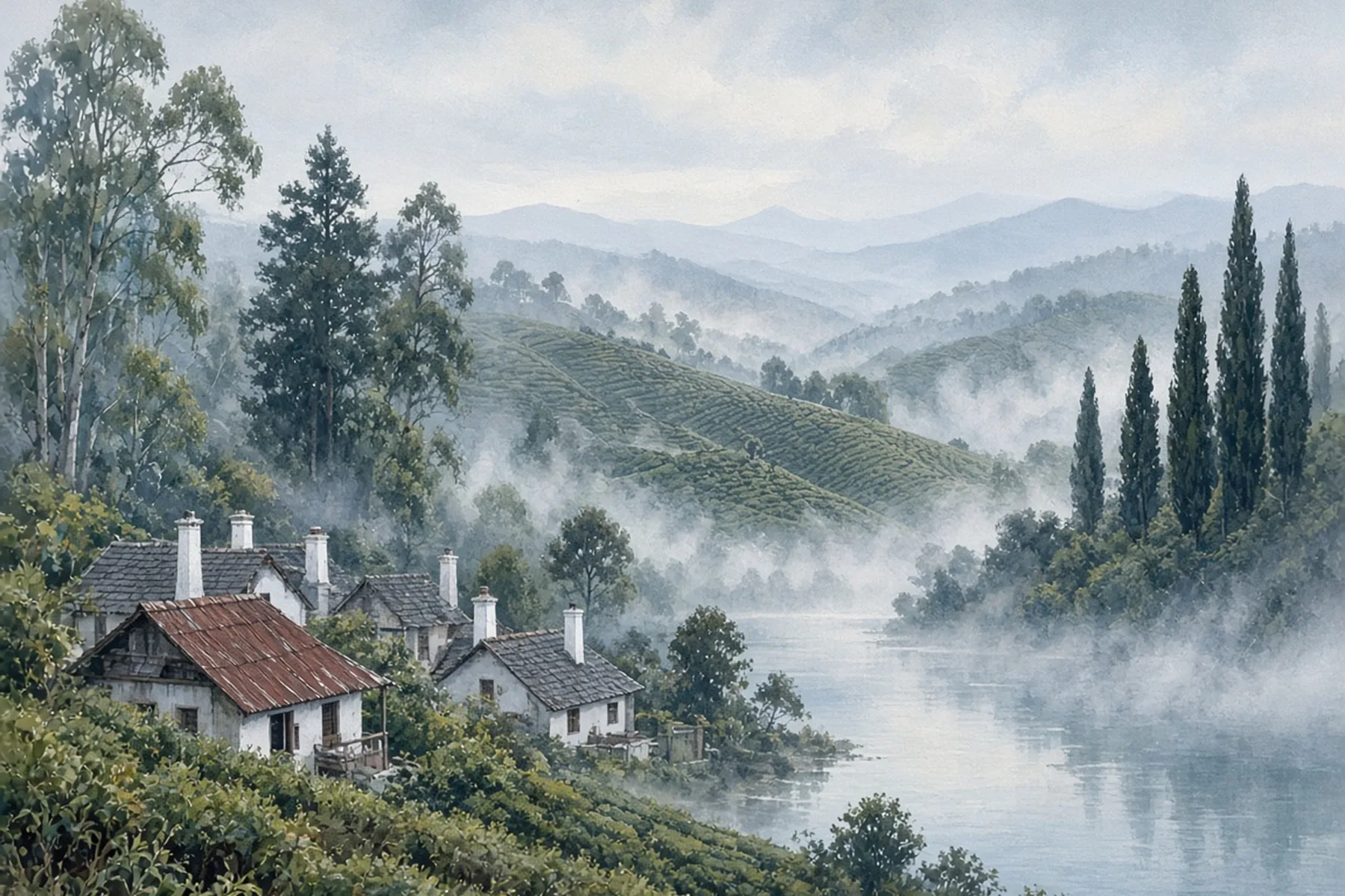 Painting of misty hills around a still lake, with white cottages with grey and red roofs and tall cypress trees.