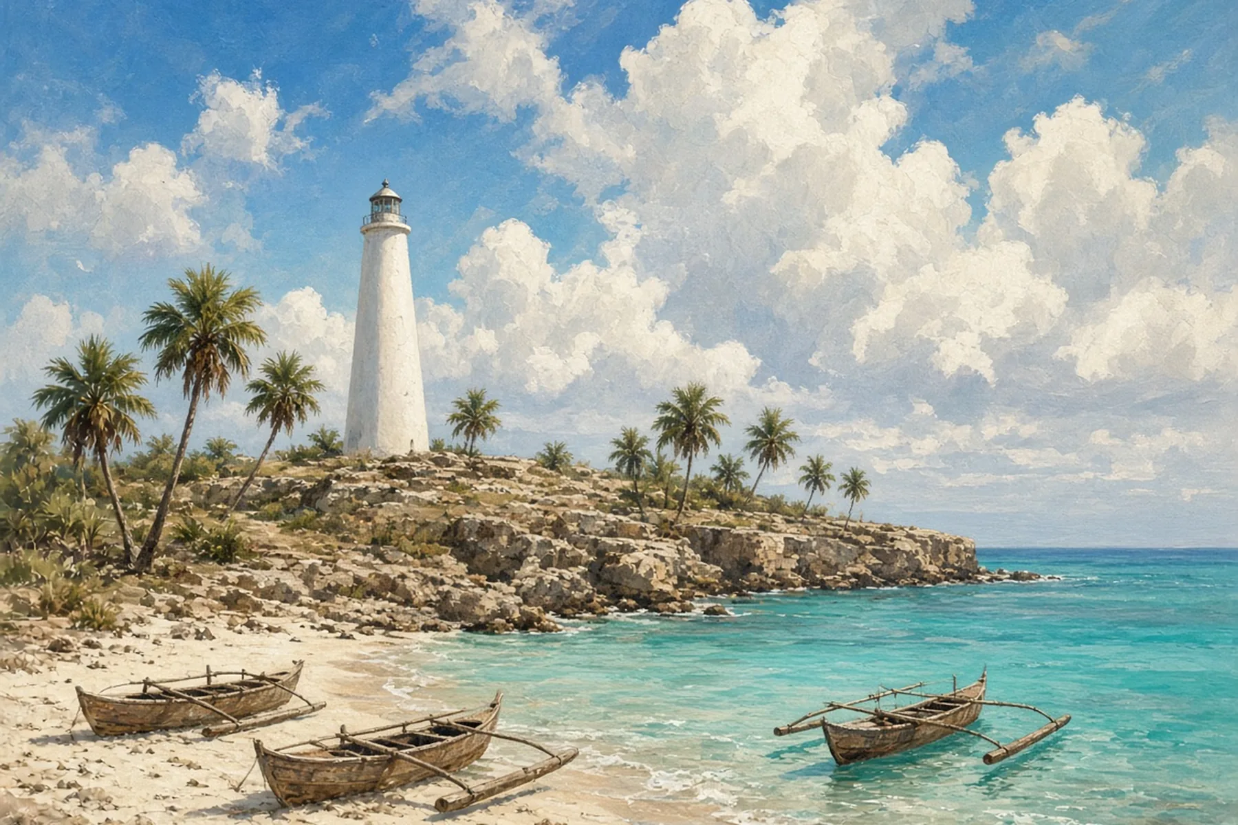 Painting of a plain white conical lighthouse on a rocky shore with palmyra palms and three outrigger boats on sand.