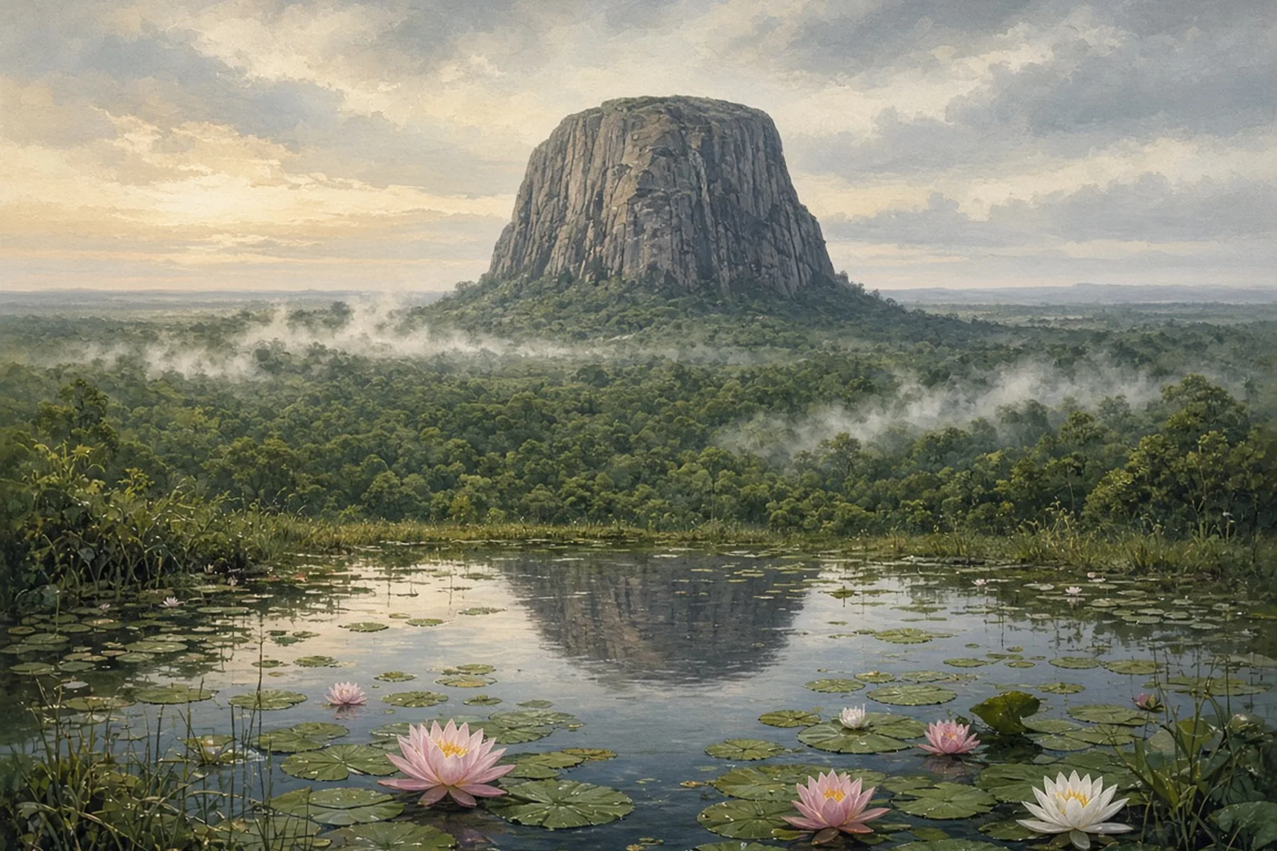 Painting of a lone flat-topped rock rising from a misty forest plain, with pink and white water lilies in a pond.