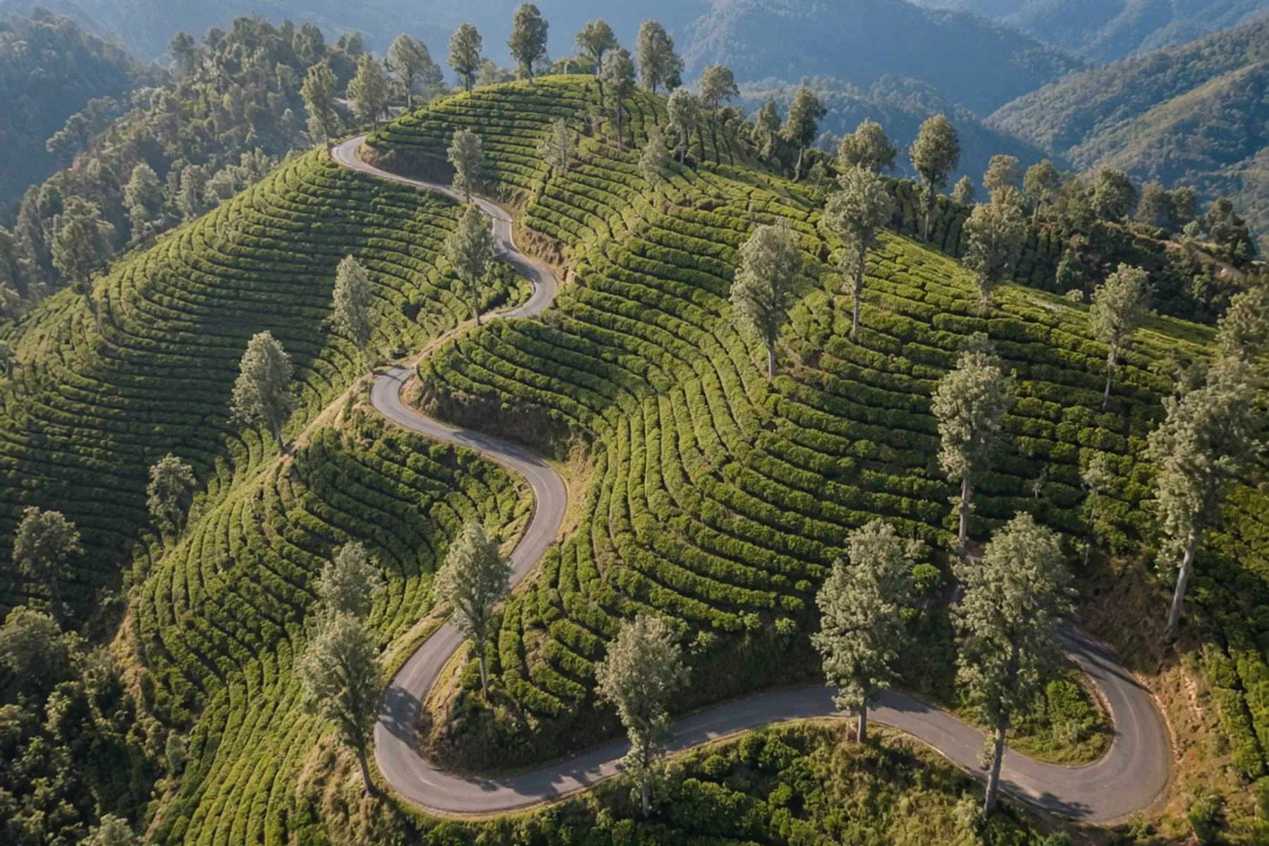 Aerial view of an empty road switching back through bright green tea terraces dotted with shade trees.
