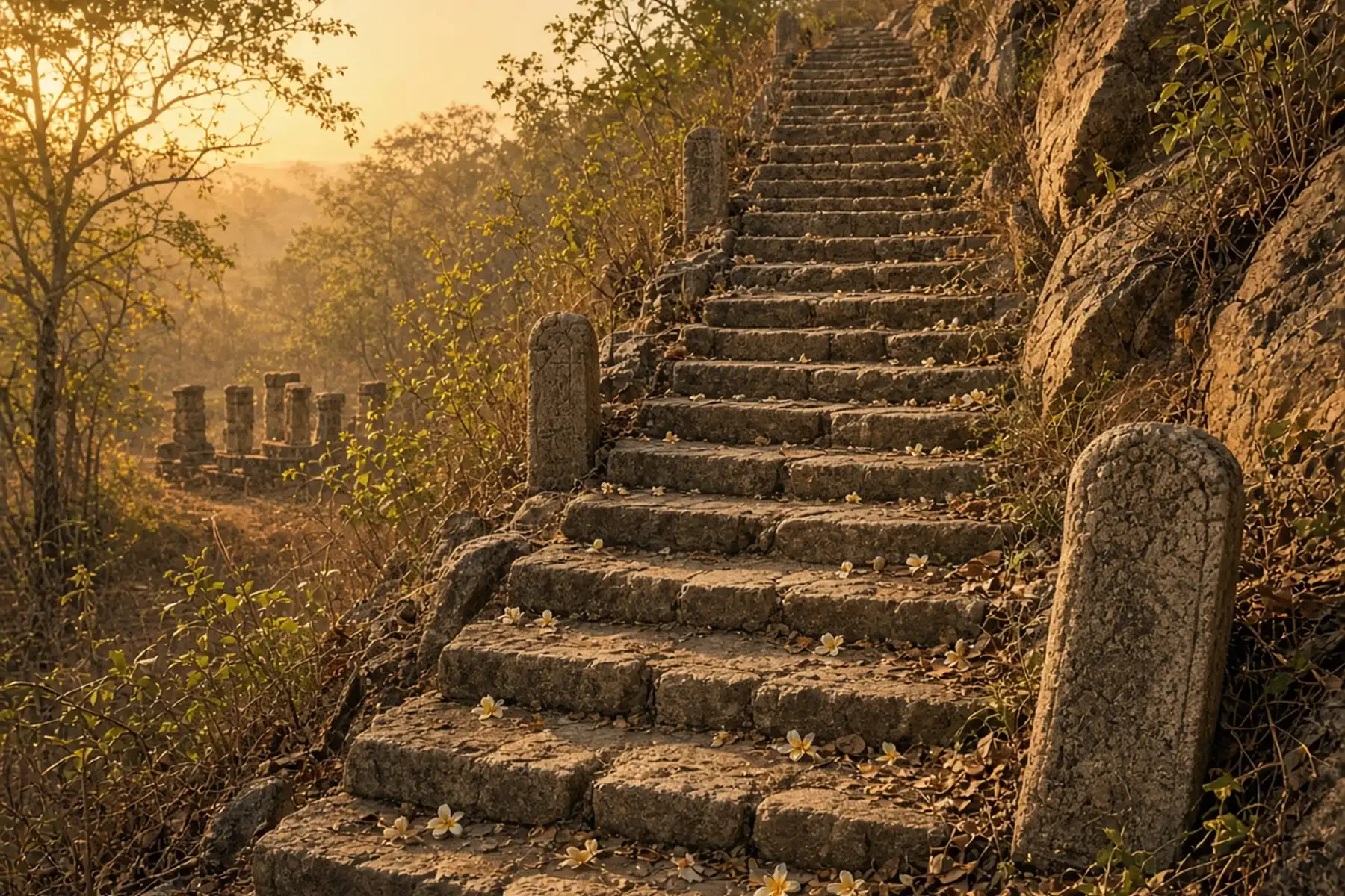 Worn ancient stone steps climbing a dry-zone granite slope past plain carved stone slabs and scattered frangipani flowers in warm golden-hour light.