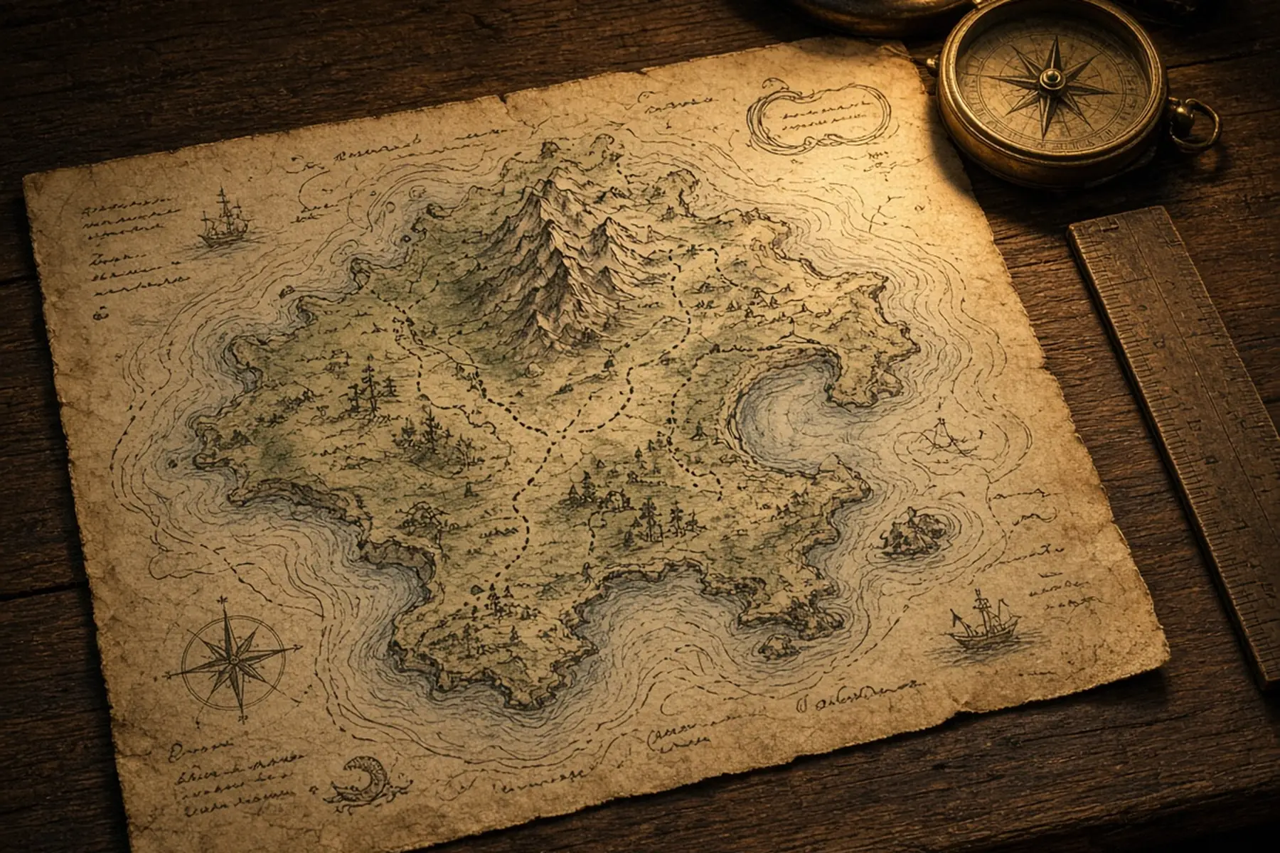 Decorative antique-style map illustration on a wooden desk beside a brass compass; not a map of Sri Lanka.