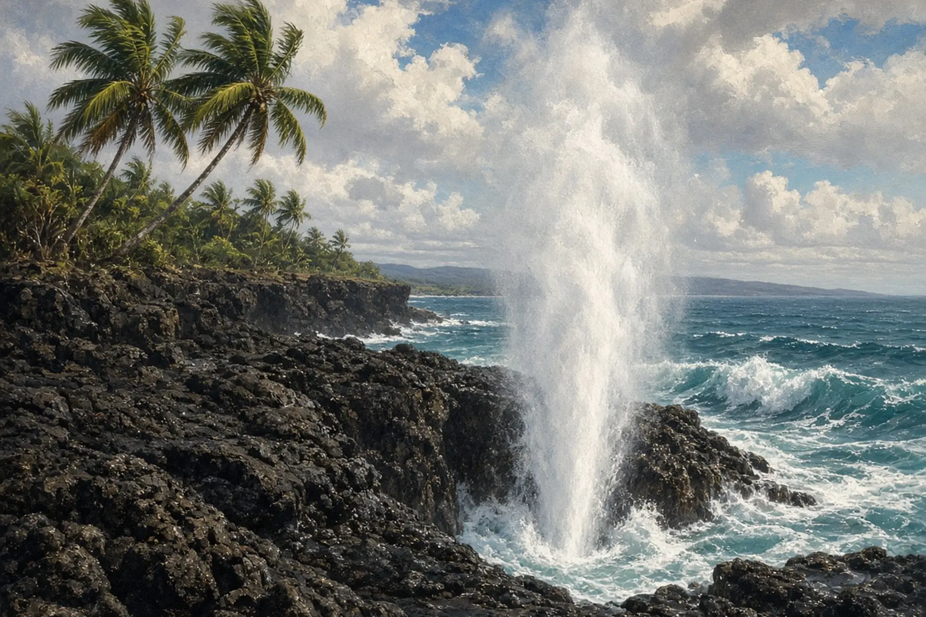 Sea spray shooting up from a black rock blowhole on a palm-topped coast