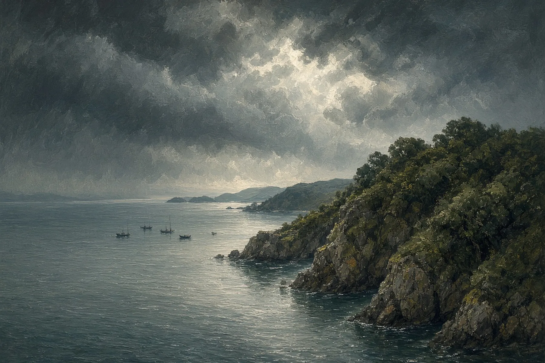 Painting of a calm bay with small boats under dark storm clouds, beside a forested rocky headland.