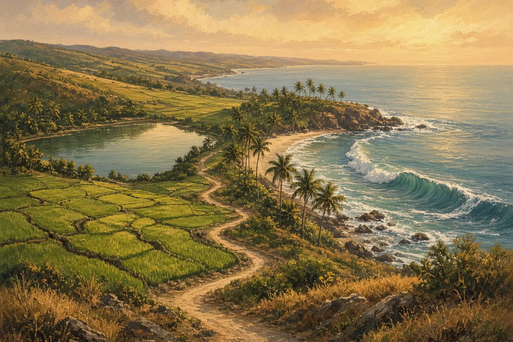 Painting of a dirt track past paddy fields and a lagoon down to a palm-lined bay with breaking waves.