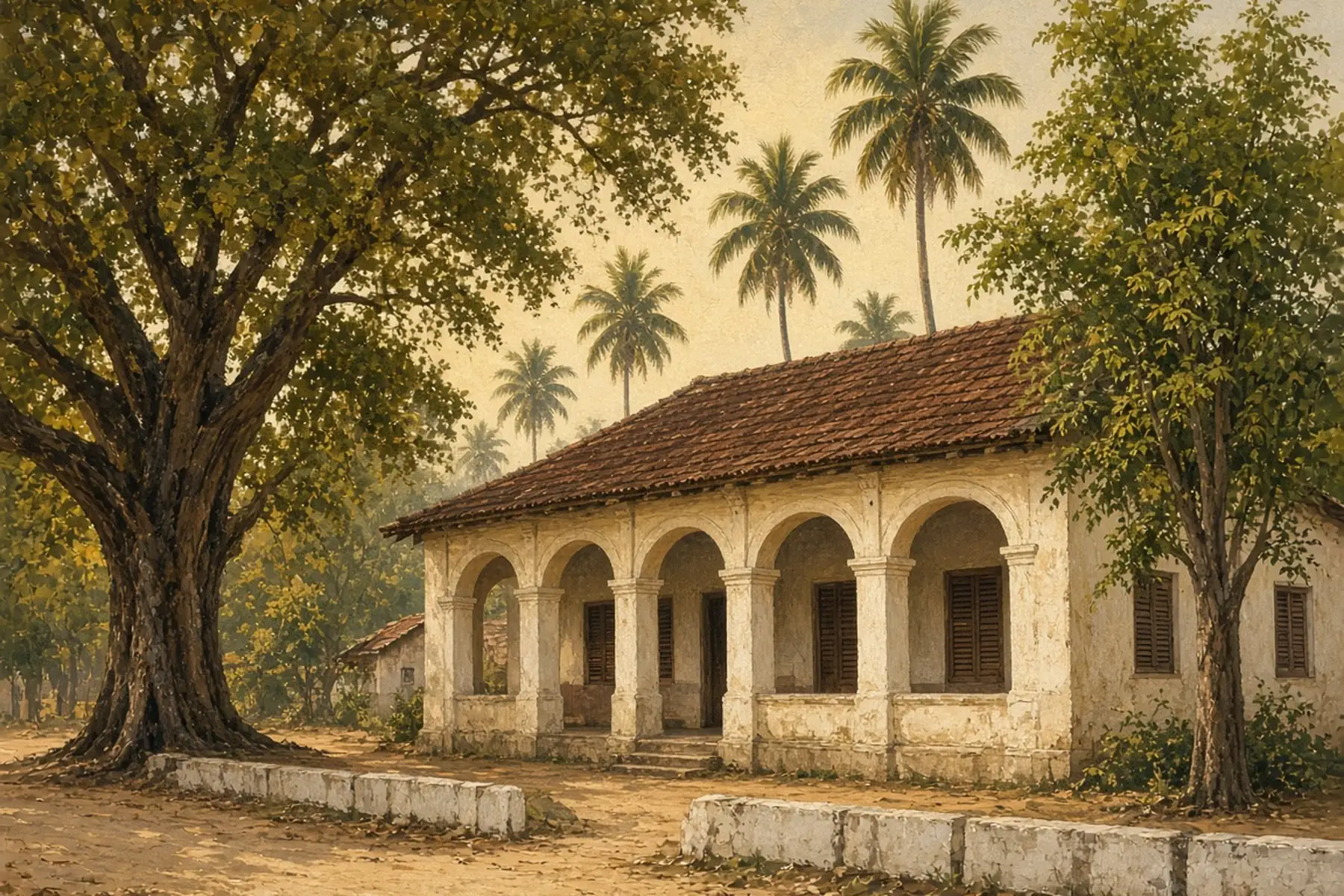 Cream-plastered colonial-style building with a red-tiled roof and arched verandah under a large shade tree on a sandy forecourt in warm afternoon light.