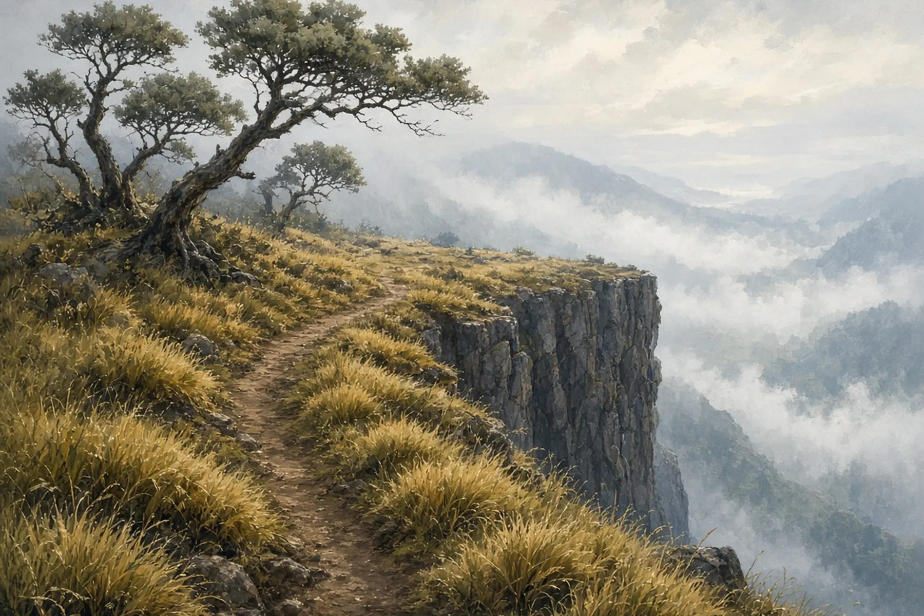 A grassy path leading to a sheer cliff edge above a mist-filled valley.