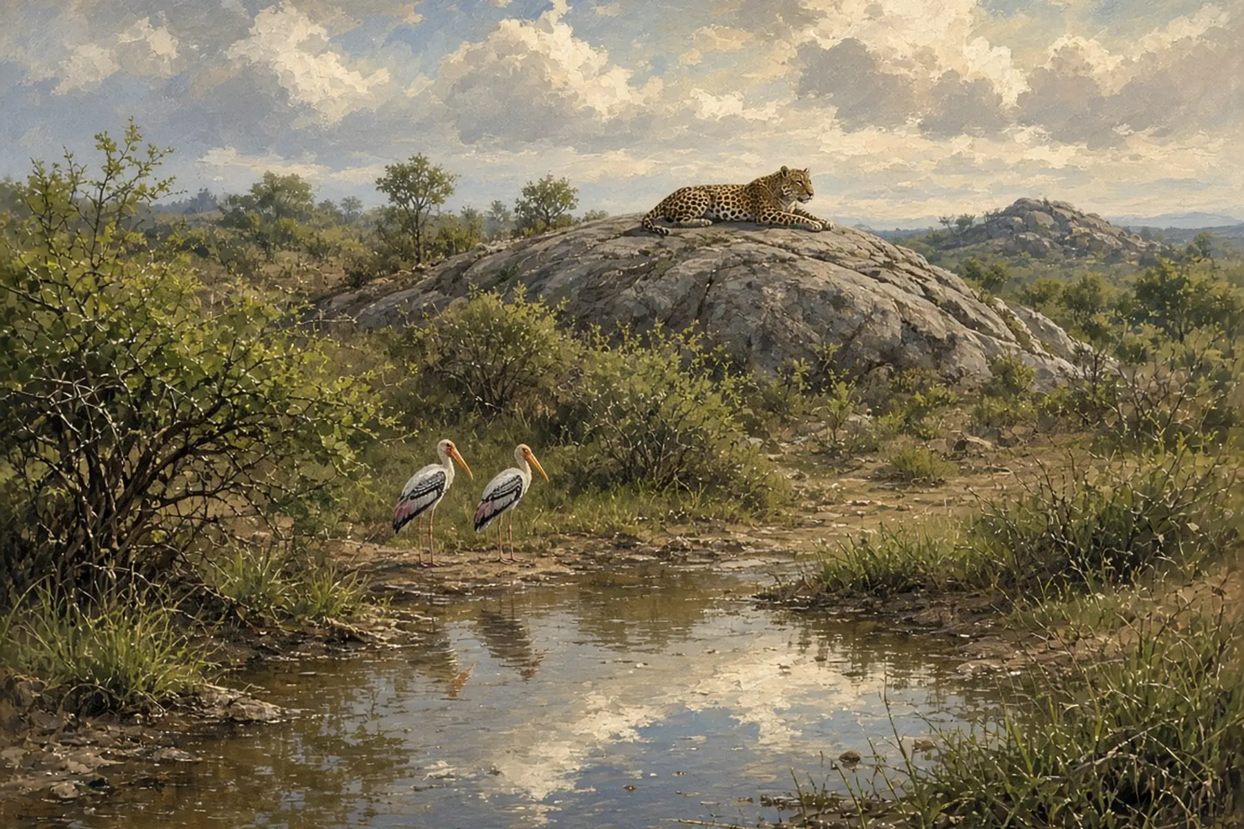 Painting of a leopard resting on a granite outcrop above scrub and a rain-filled waterhole with two storks.