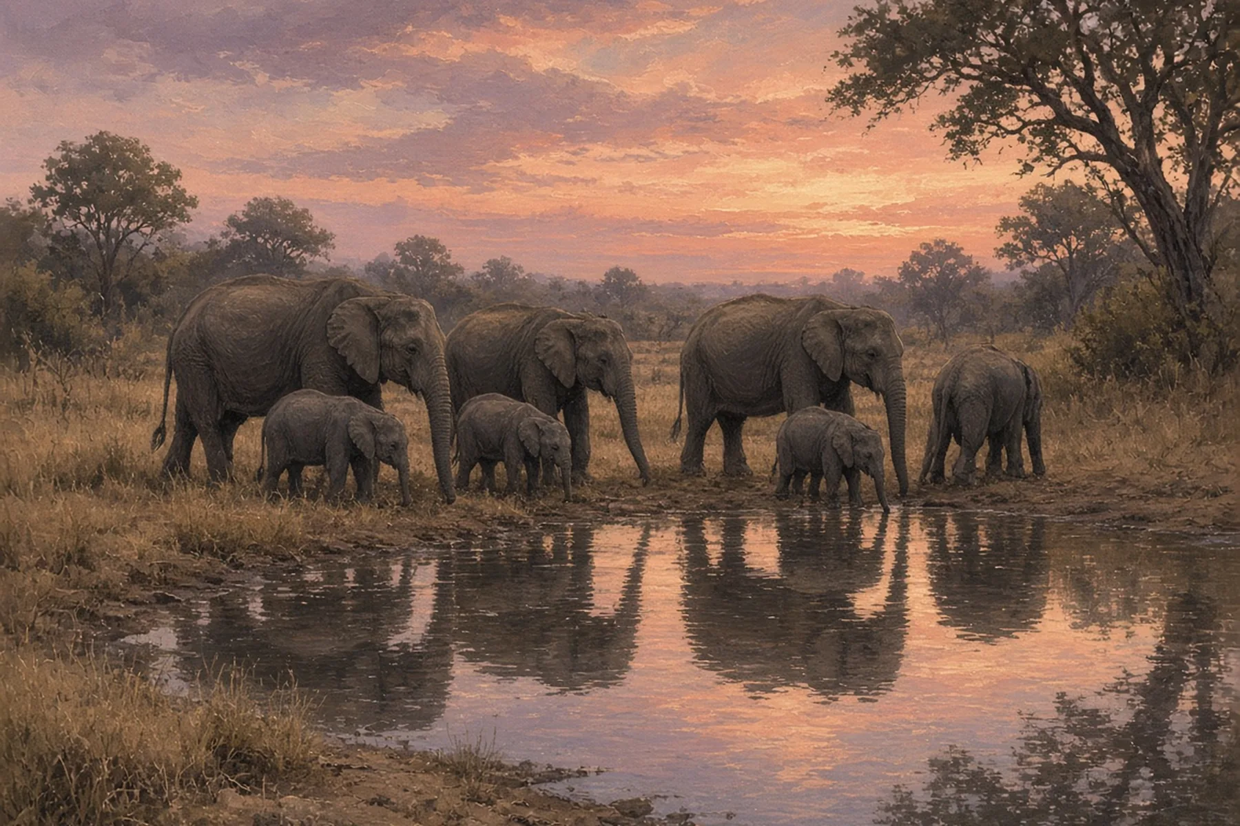Herd of wild elephants at a waterhole at dusk with their reflections in the water.